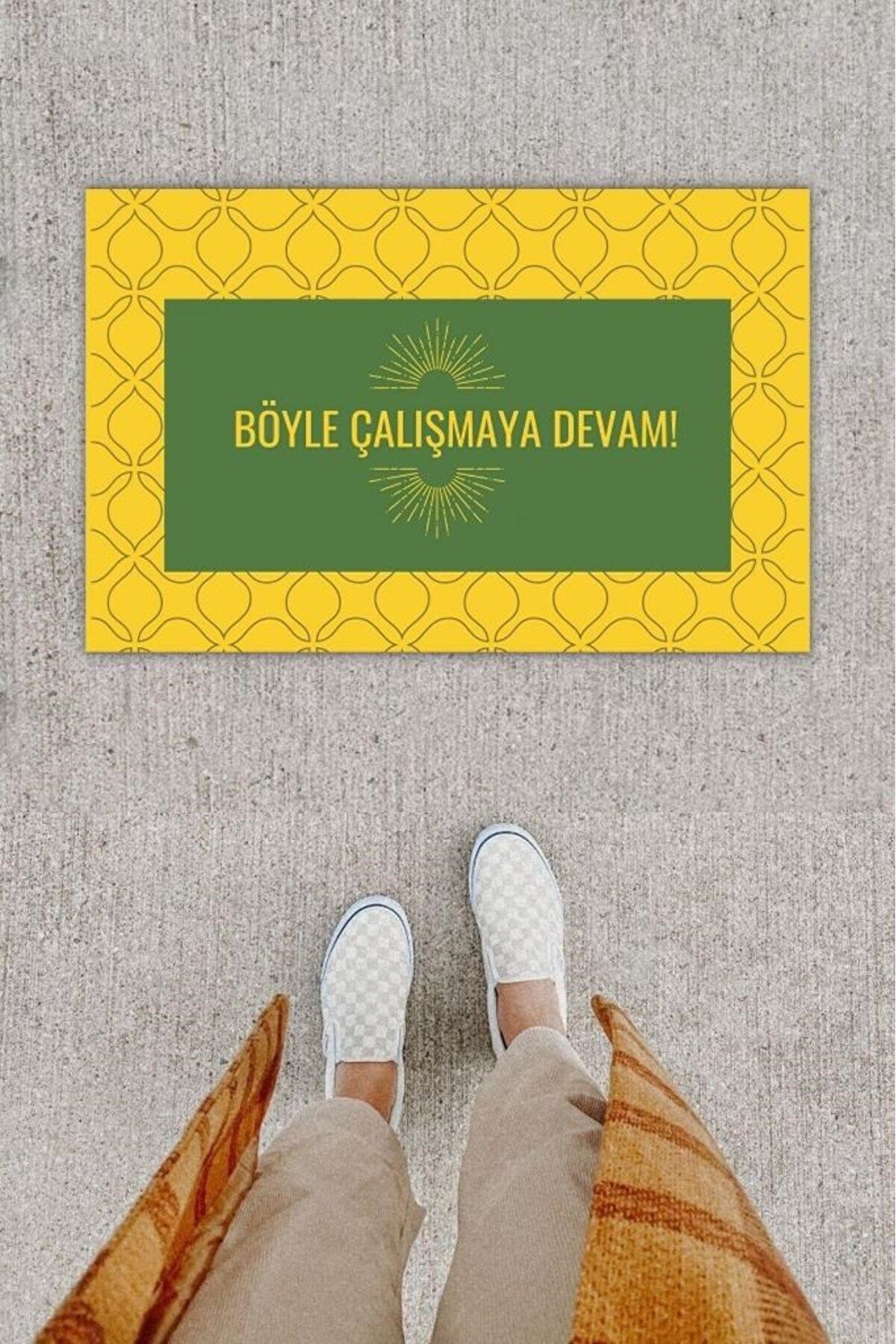 Tahtakale Toptancısı Dijital Baskı Dekoratif Not: Böyle Çalışmaya Devam Sarı Kapı Önü Paspası K-1276