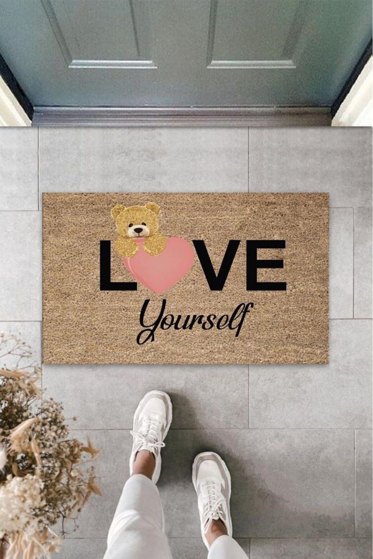 aydınbey Bej Kapı Önü Paspası Love Yourself Ayıcık Desen K-3327