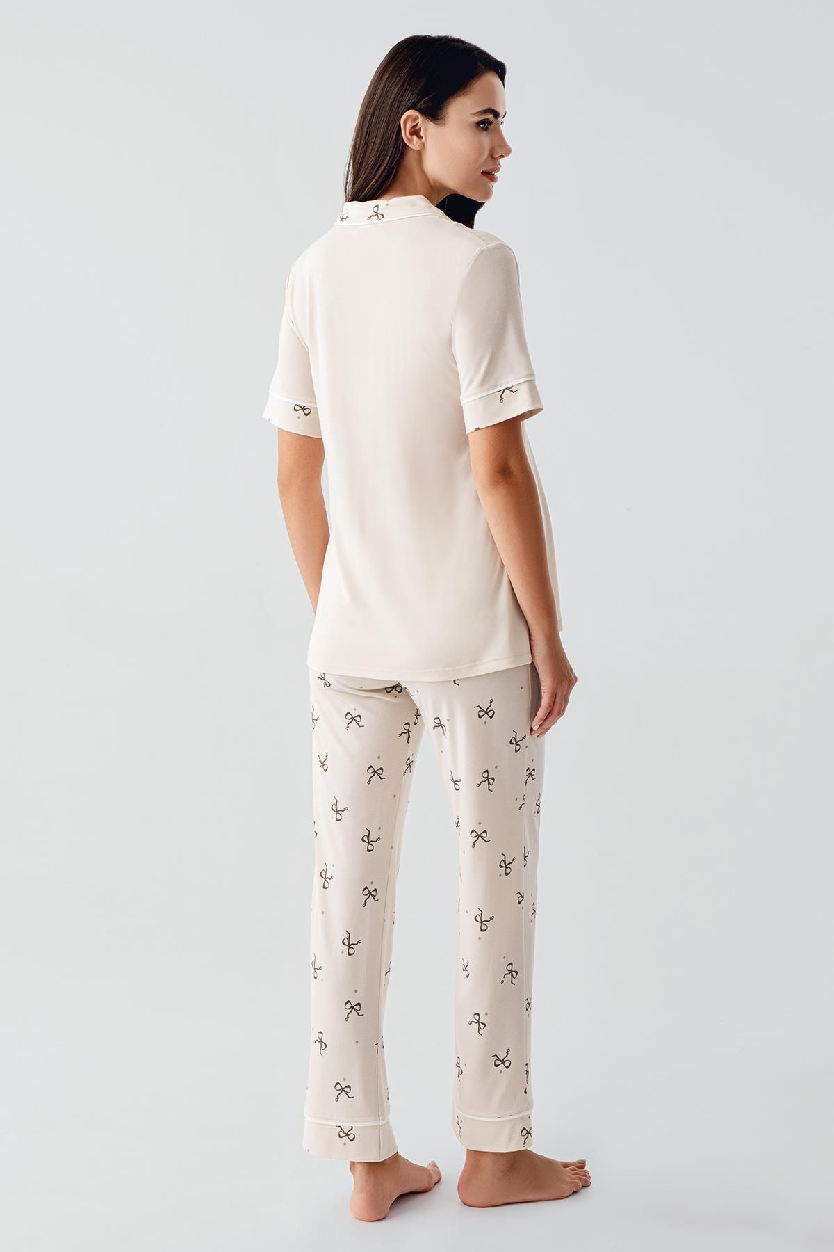 Artış-Bow Patterned Buttoned Short Sleeve Stretchy Viscose Maternity Pajama Set 3