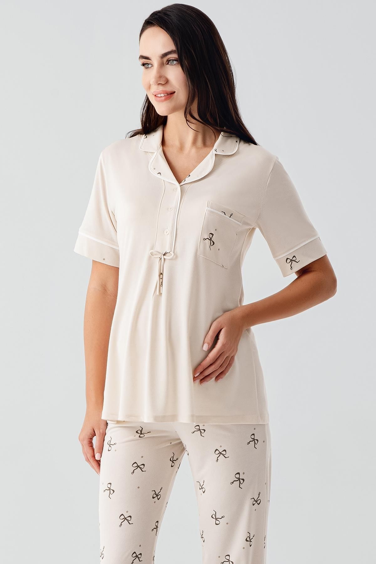 Artış-Bow Patterned Buttoned Short Sleeve Stretchy Viscose Maternity Pajama Set 2