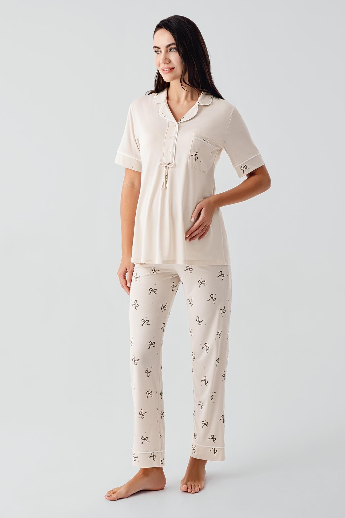 Artış-Bow Patterned Buttoned Short Sleeve Stretchy Viscose Maternity Pajama Set 1