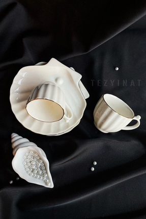 Tezyinat Wood -istiridye inci incili 4 Parça 2 Kişilik Porselen Kahve Fincan ...