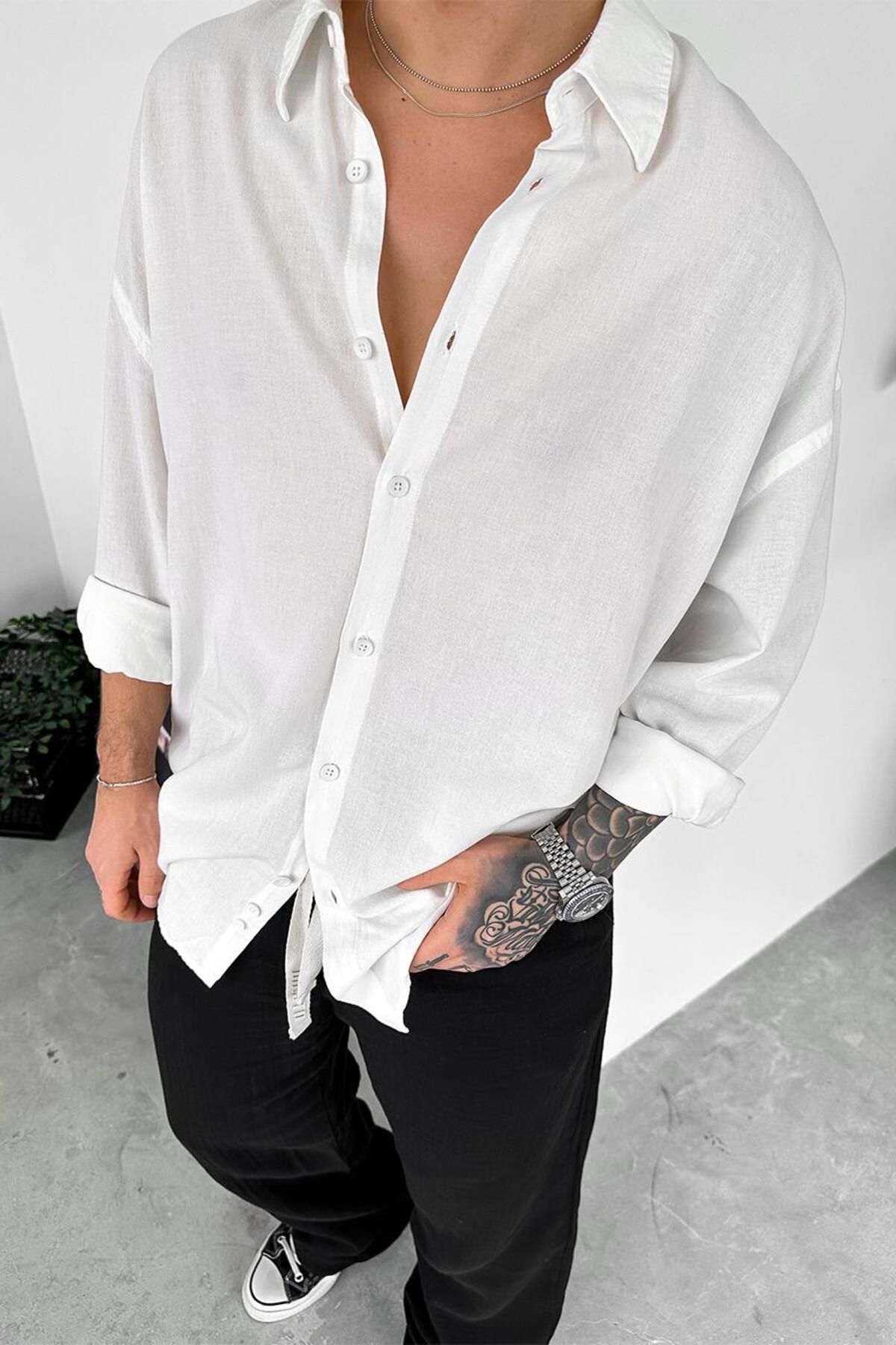 HAFKAGİYİM-Πουκάμισο Ecru Old Money Basic Linen Oversize 2