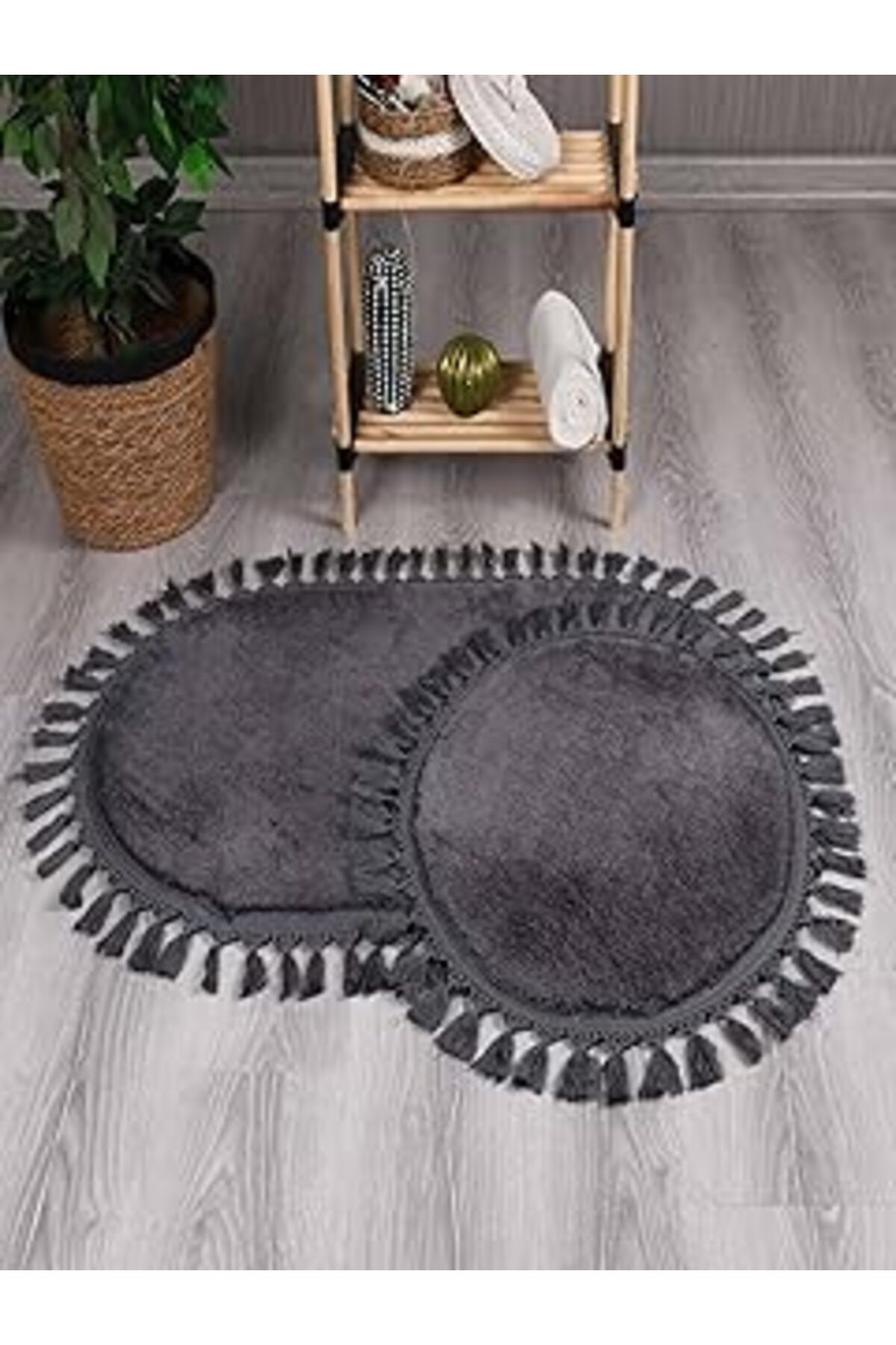Mu Art My Evilla Modern Simirna Dekoratif Peluş Oval 60X100-50X60 Ponpon Saçaklı Klozet Takımı Antrasit