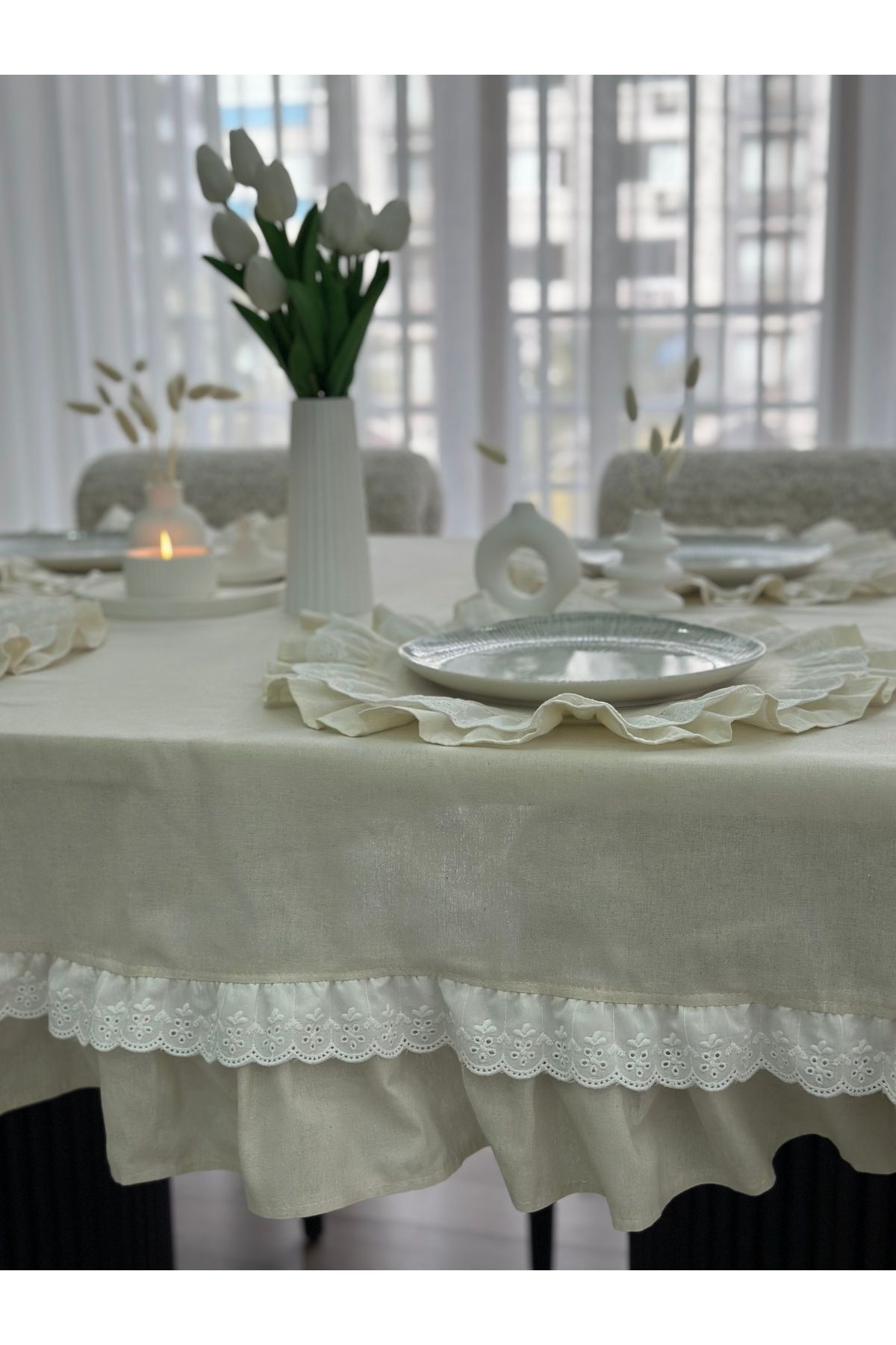 eyma home-Raw Linen Scallop Ruffle Tablecloth (140X 340cm) 3