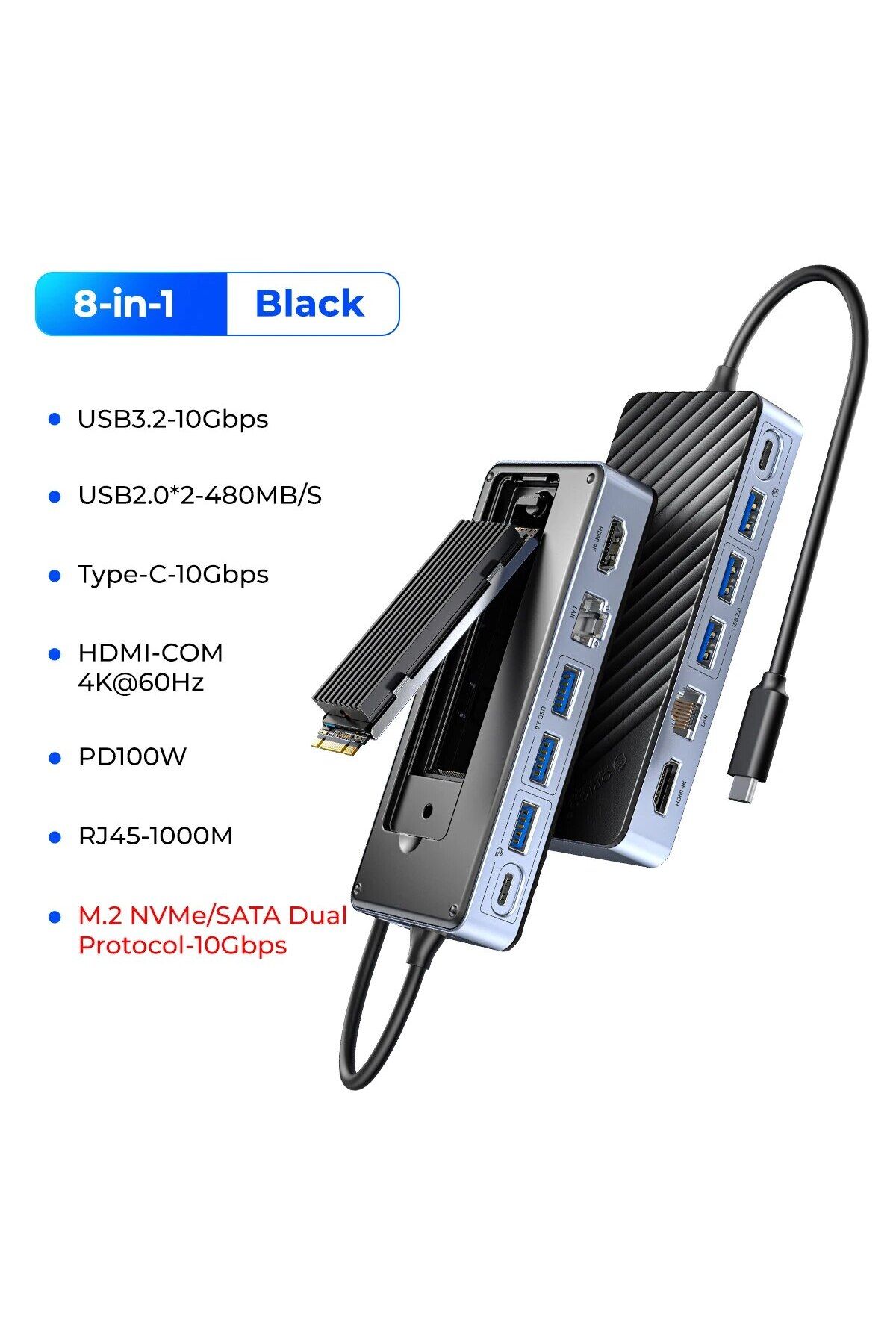 Orico-موزع USB-C من ORICO 8 في 1 مع حاوية SSD RJ45 بسرعة 1000 ميجابت في الثانية ومحطة إرساء للكمبيوتر المحمول بدقة 4K و60 هرتز وHDMI-Com بقوة 100 واط 1