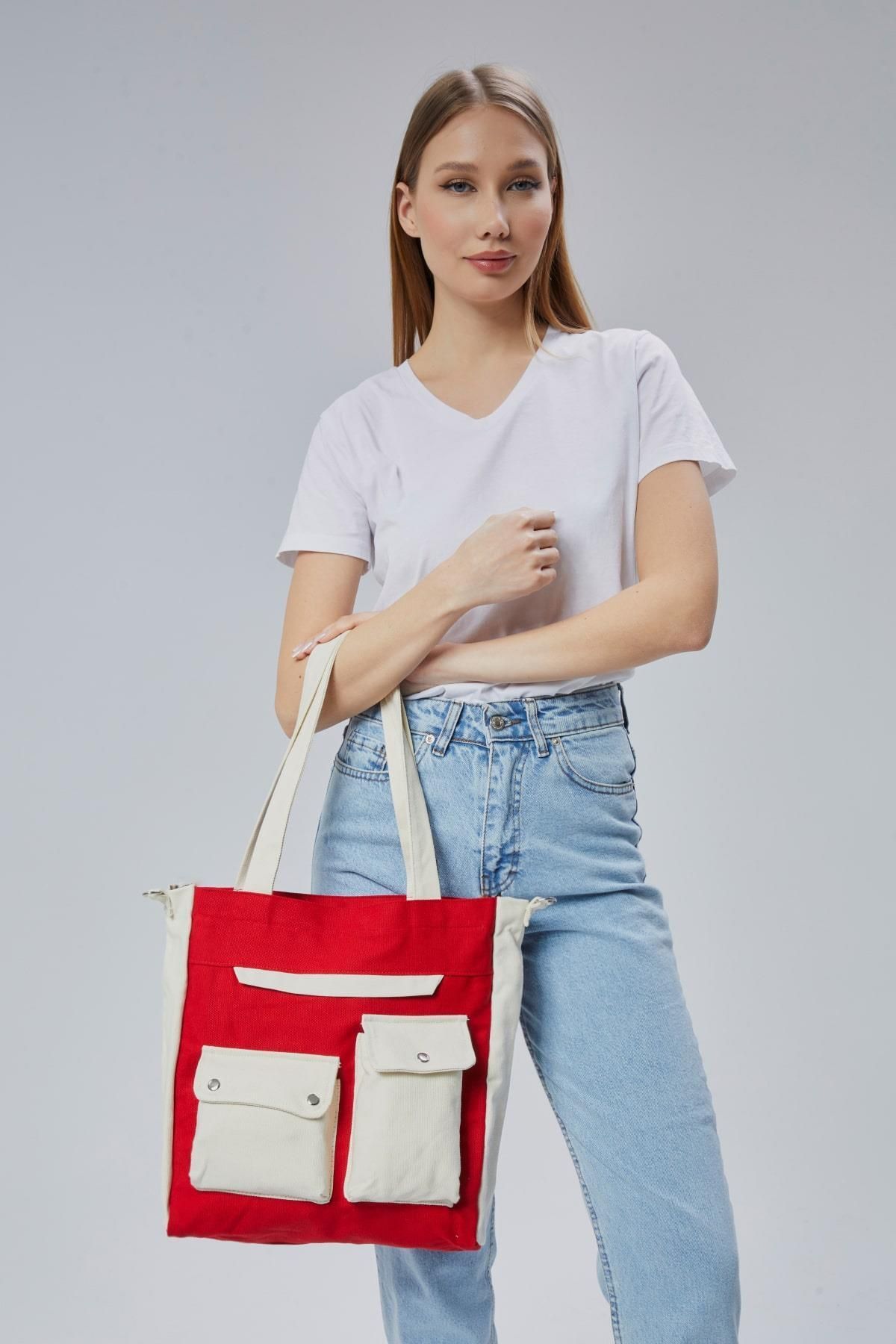 Çınar Bez Çanta-Canvas Front Pockets Snap Bag (Red-Ecru) 5