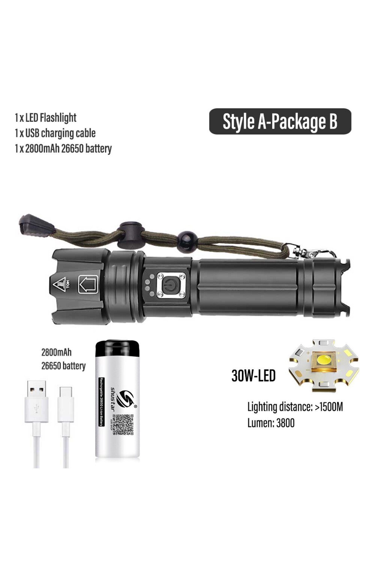 Choice-A- Package B Super Bright Led Flashlight Usb Rechargeable Torch Light With 30w Led Can Illuminate 15 1