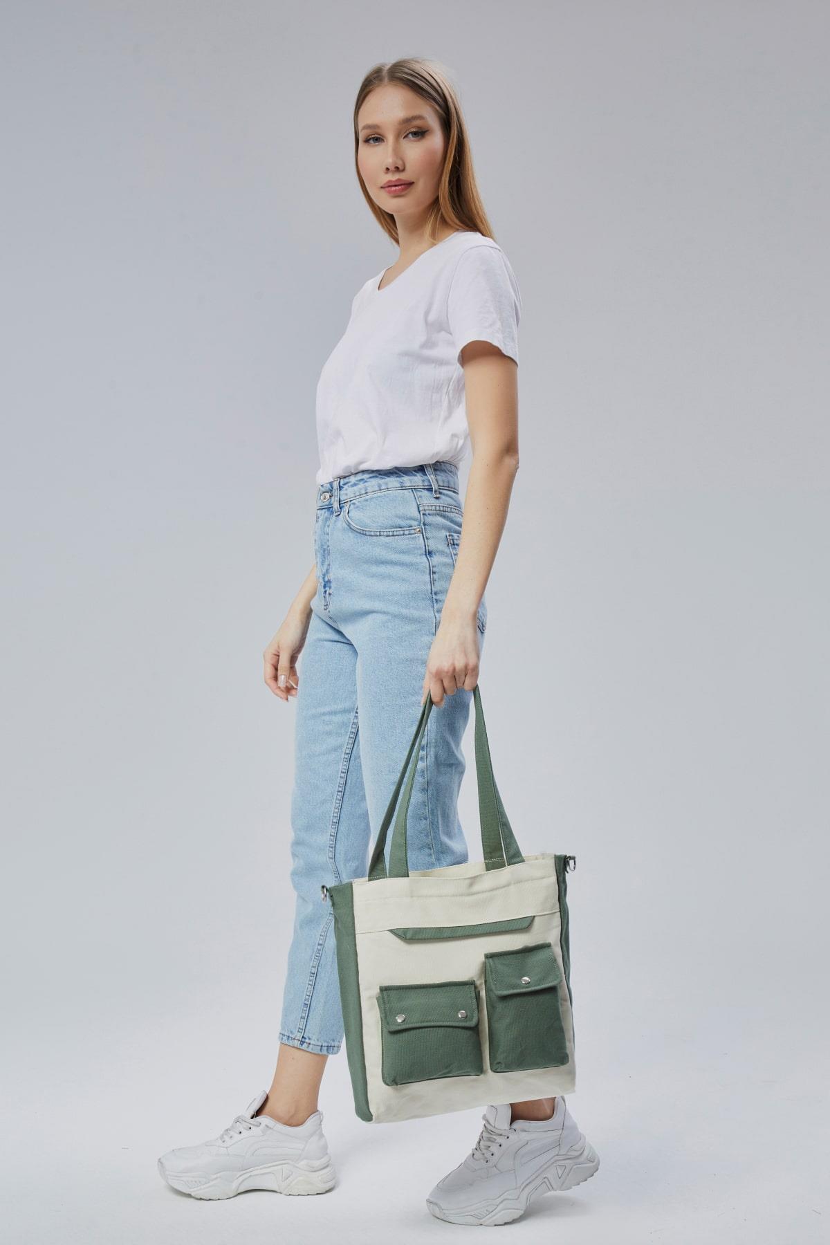 Çınar Bez Çanta  Kanvas Ön Cepleri Çıtlı Çanta (Mint Yeşili-Ekru) - Görsel 6