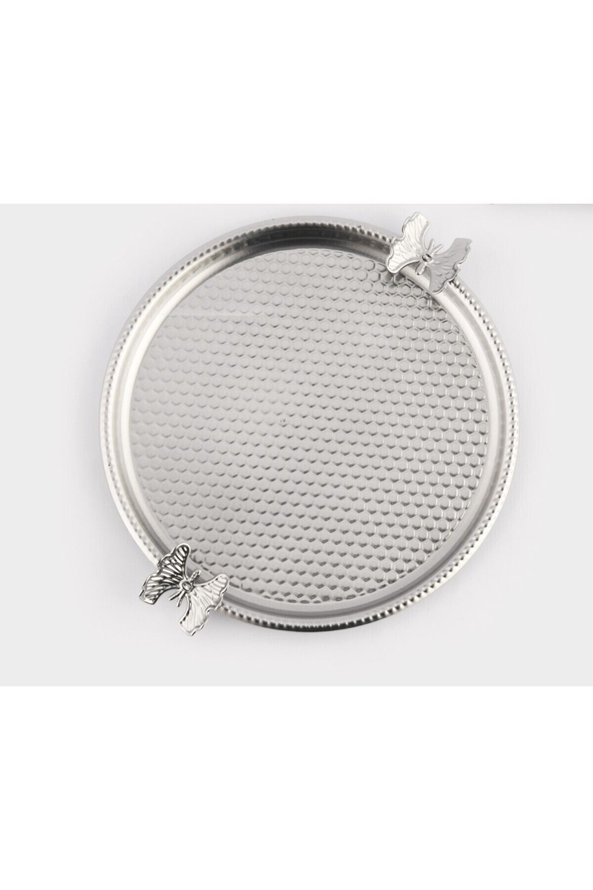 AKSESUAR EVRENİ-Iren Round Honeycomb Model Butterfly Detailed Presentation Tray Silver 1 Piece 7