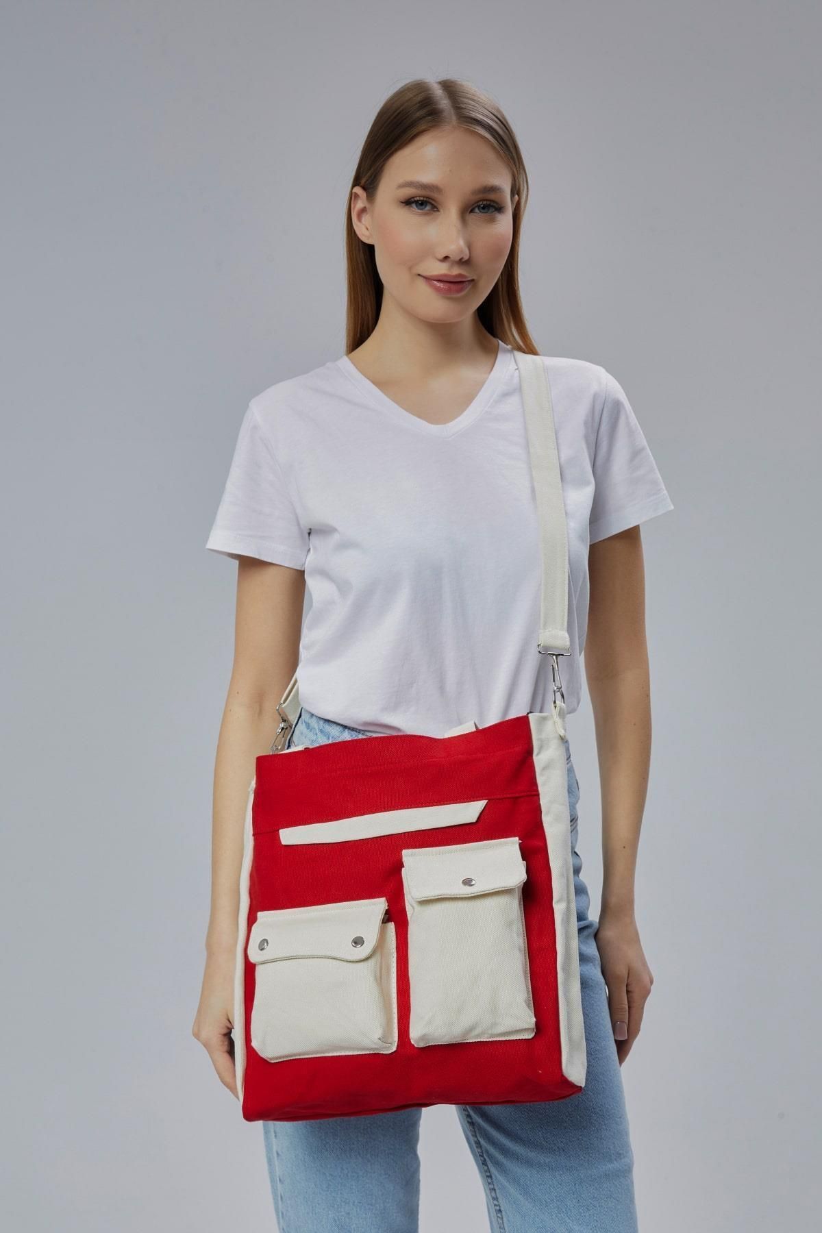 Çınar Bez Çanta-Canvas Front Pockets Snap Bag (Red-Ecru) 4