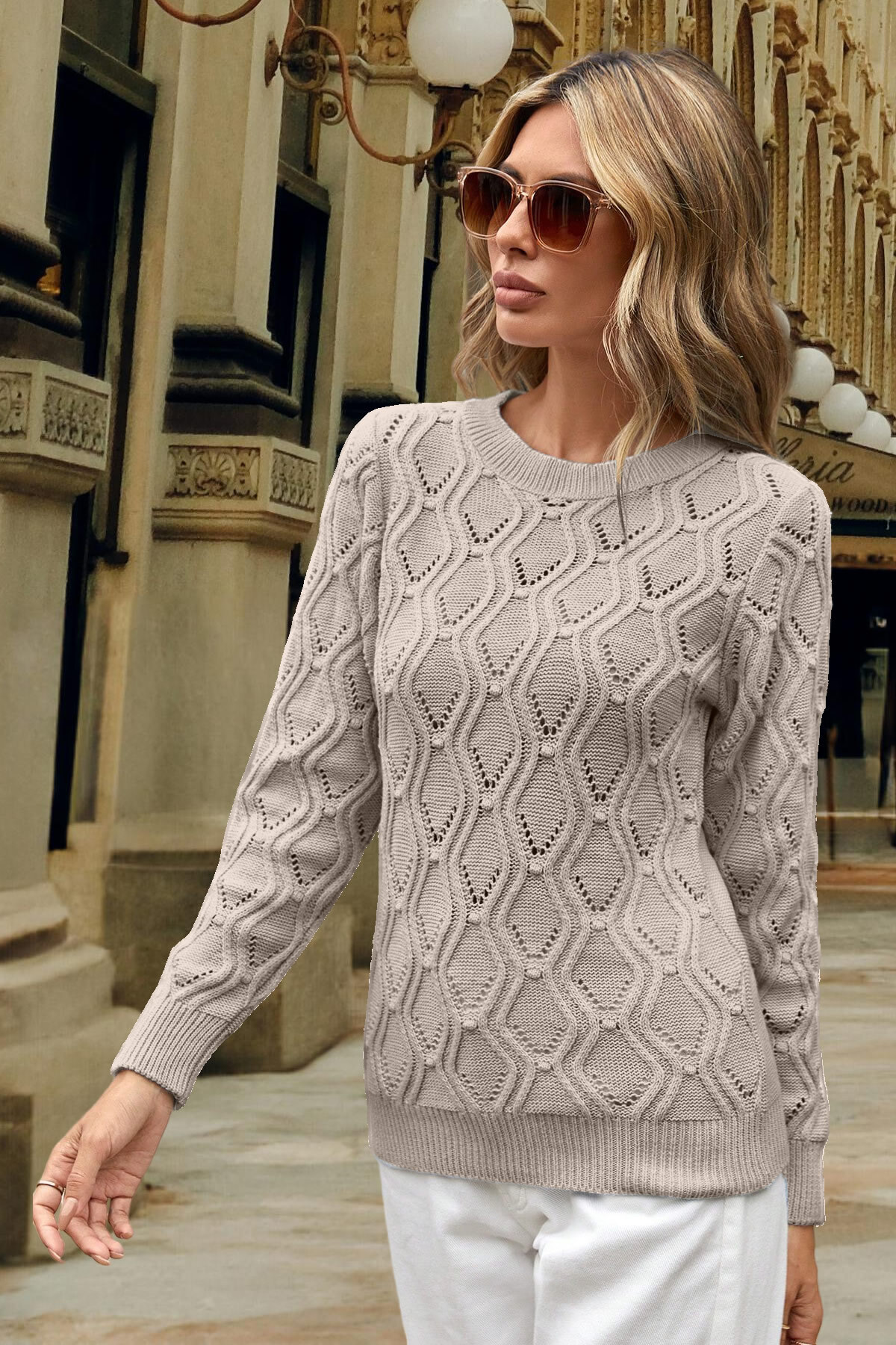 AQE FASHION  Bisiklet Yaka Ajurlu Yürütme Desenli Triko Kazak TAŞ - Görsel 4