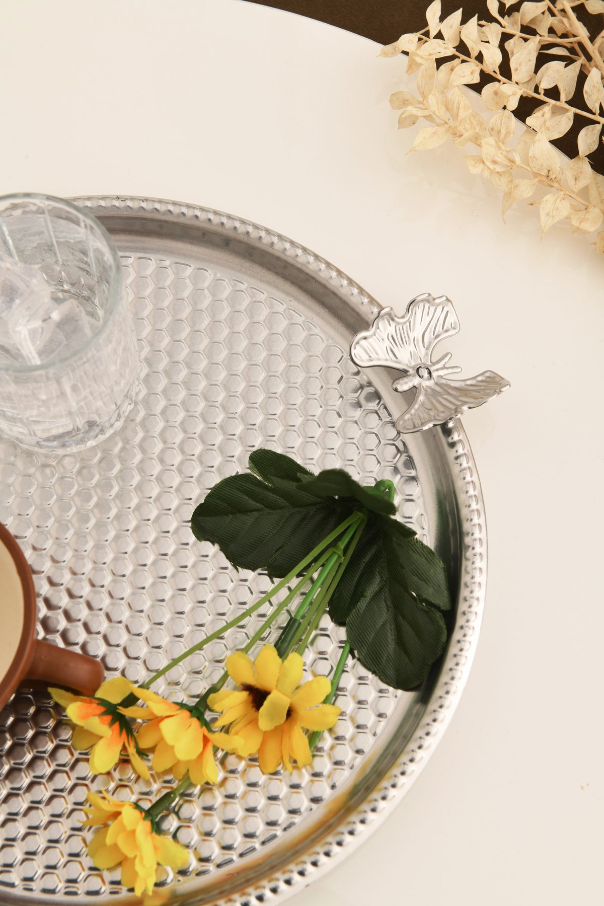 AKSESUAR EVRENİ-Iren Round Honeycomb Model Butterfly Detailed Presentation Tray Silver 1 Piece 4