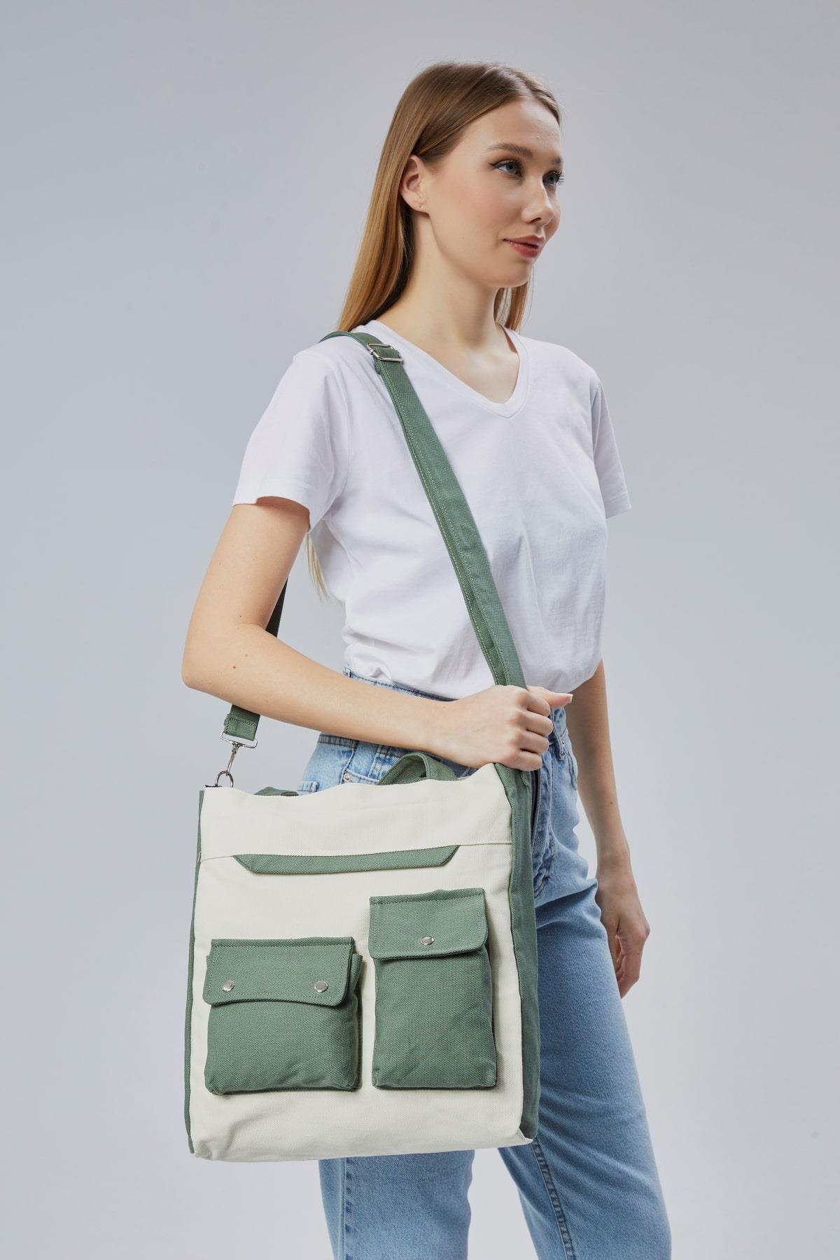 Çınar Bez Çanta  Kanvas Ön Cepleri Çıtlı Çanta (Mint Yeşili-Ekru) - Görsel 3