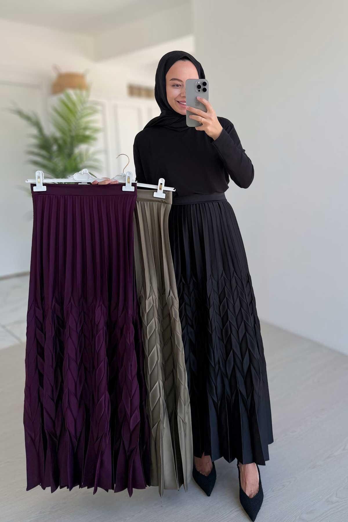 Ka Hijab-تنورة ذات ثنيات منقوشة ذاتيًا - أسود 2