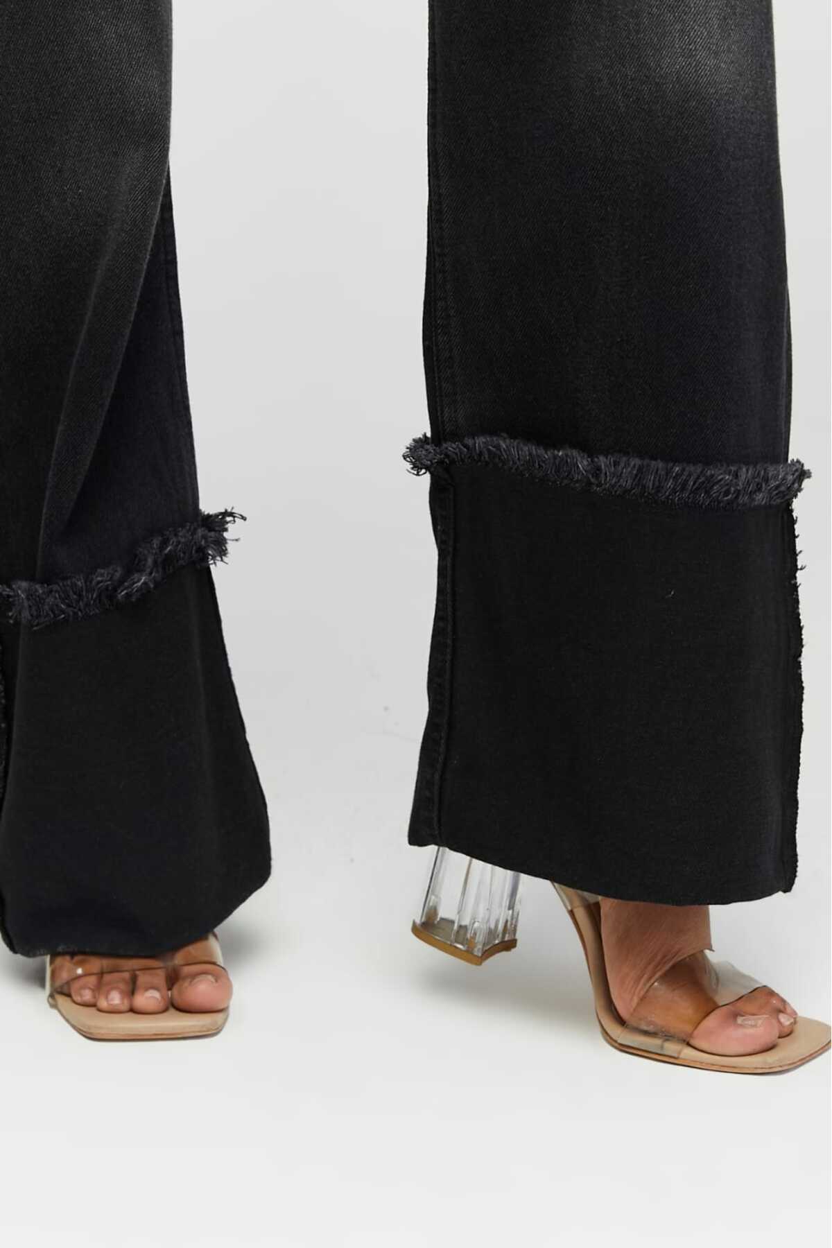 SHEVEGA-Women's Black Stitched Reverse Leg Tassel Wide Leg Jeans Jeans Pants 5