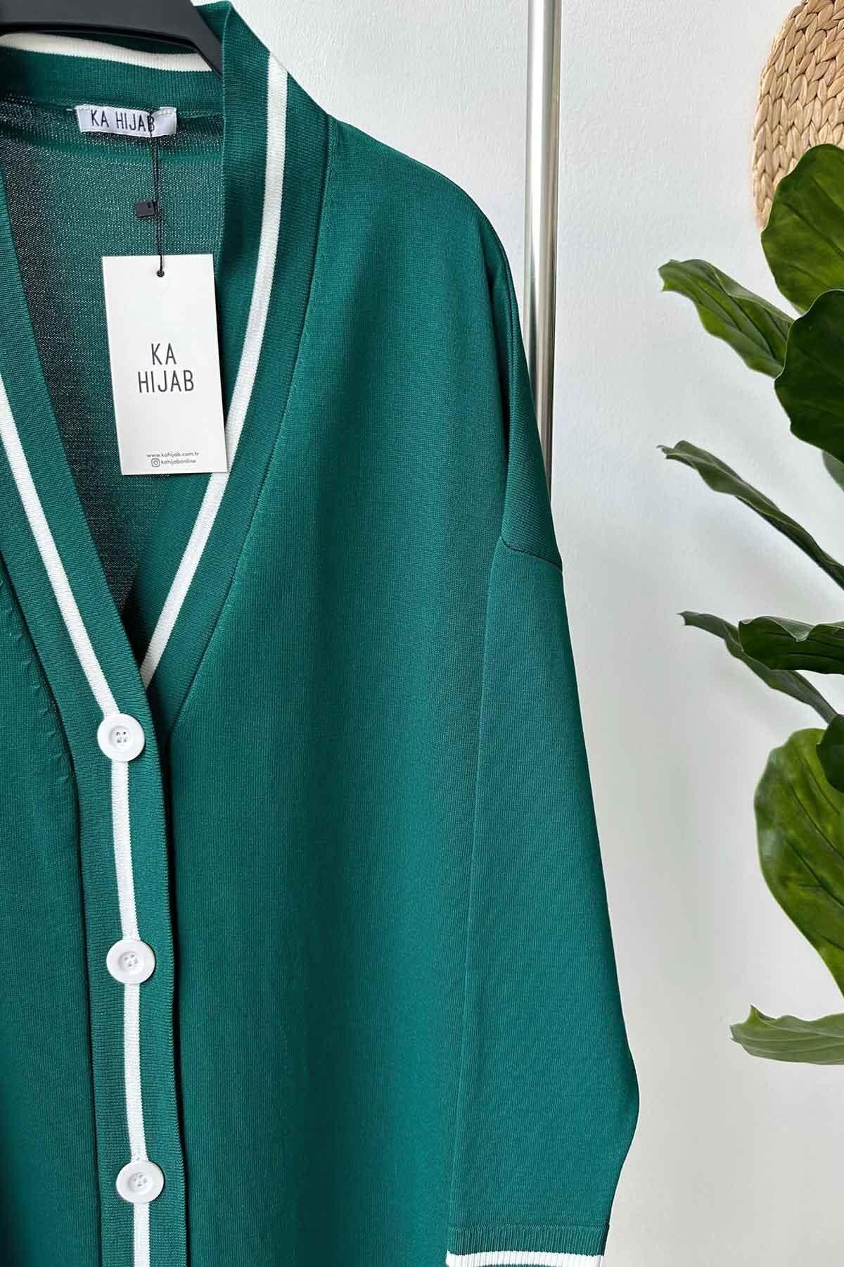 Ka Hijab-Emerald Mercerized Cardigan - Stripe Detailed and Buttoned 5