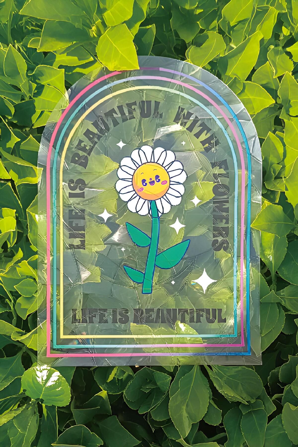 Buka Shops-Retro Flower and Rainbow Sticker Set - 6Pcs Holographic Sun Catcher Positive Message 5