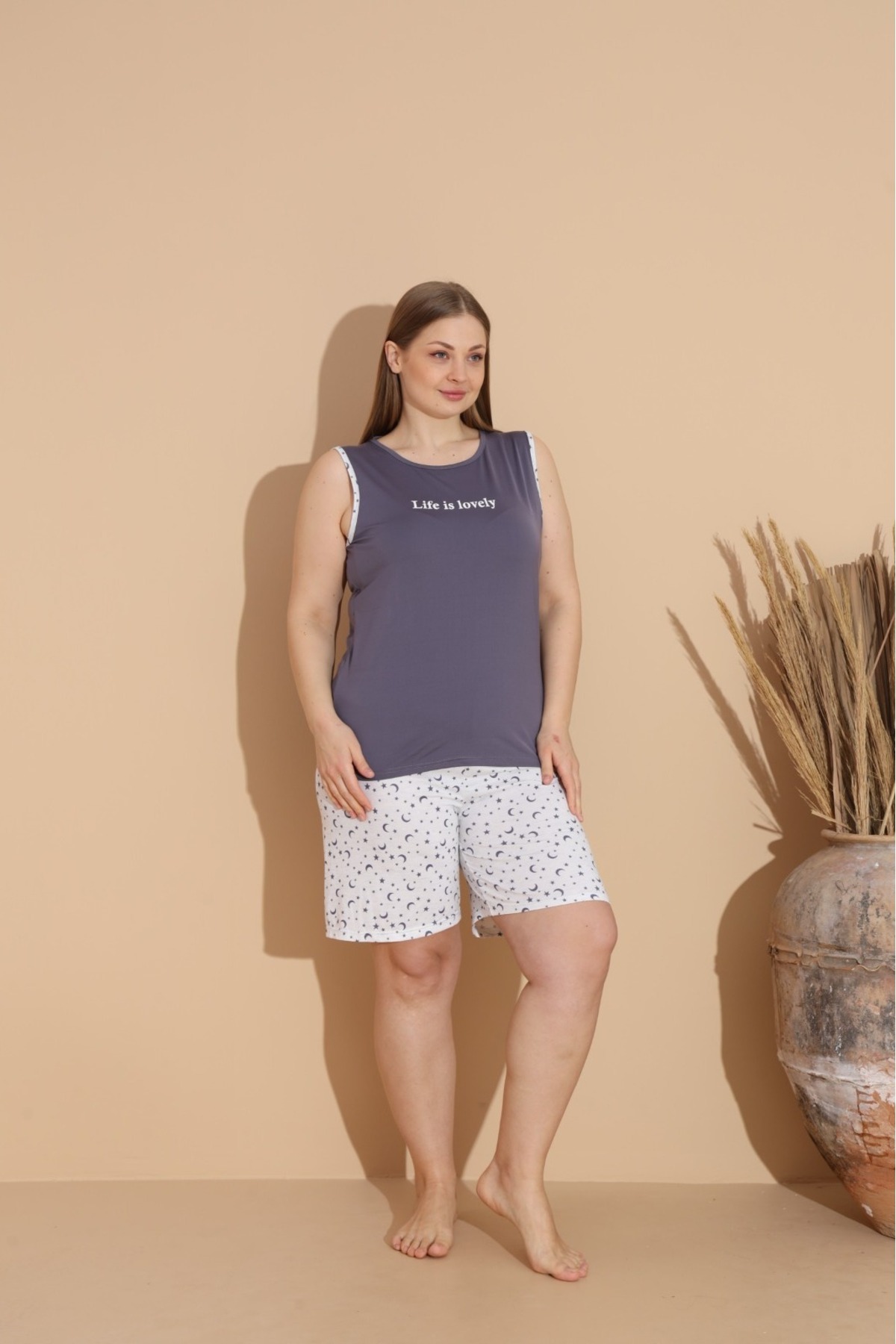 makkash-Women's Summer Athlete Shorts Milan Fabric Large Size Oversize Bamboo Anthracite Pajama Set 7