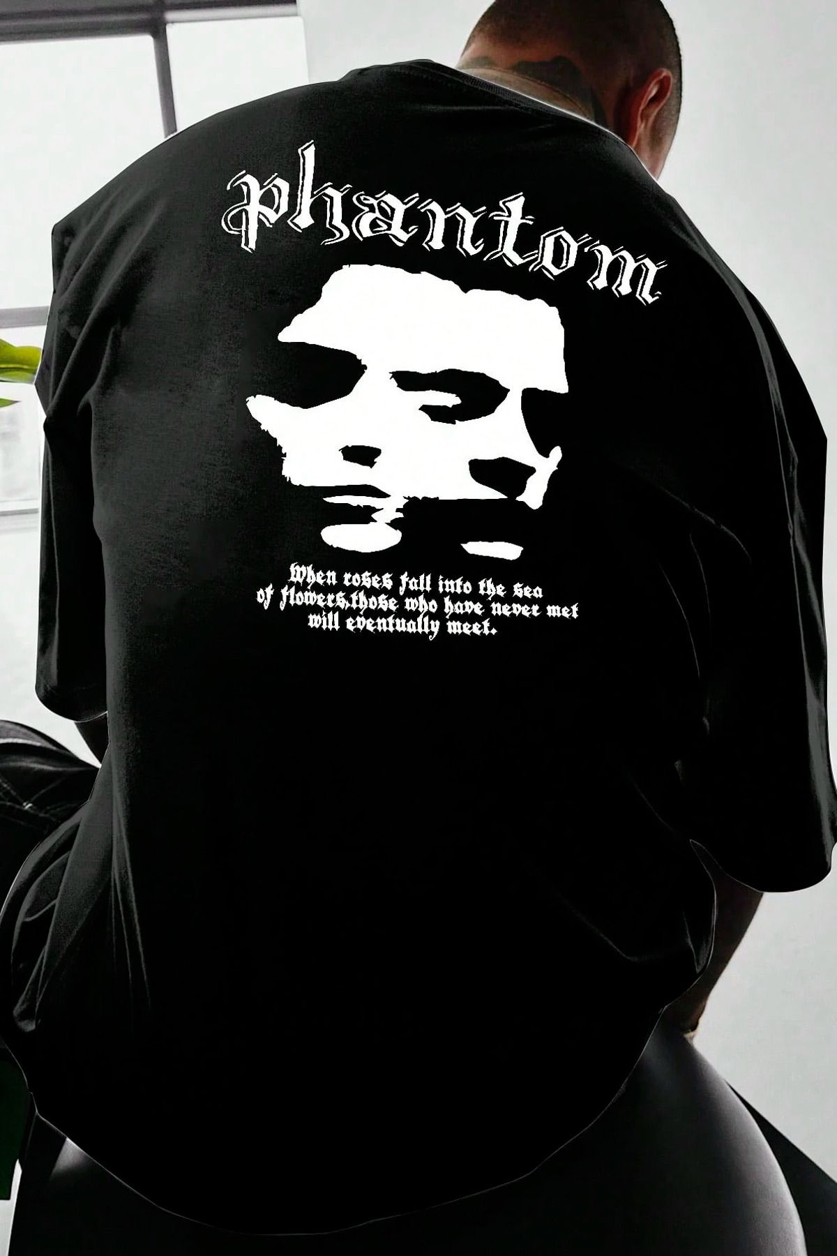 GIANTSTORE Phantom Baskılı Oversize Bisiklet Yaka Erkek Siyah T-shirt