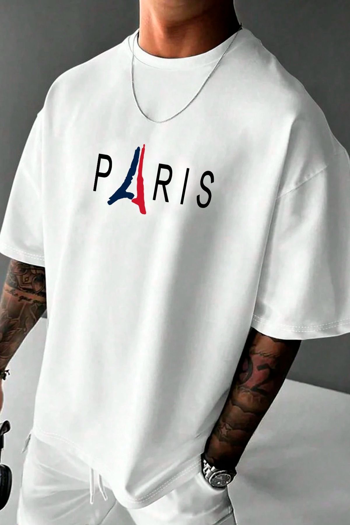 GIANTSTORE Eyfel Paris Baskılı Oversize Bisiklet Yaka Erkek Beyaz T-shirt
