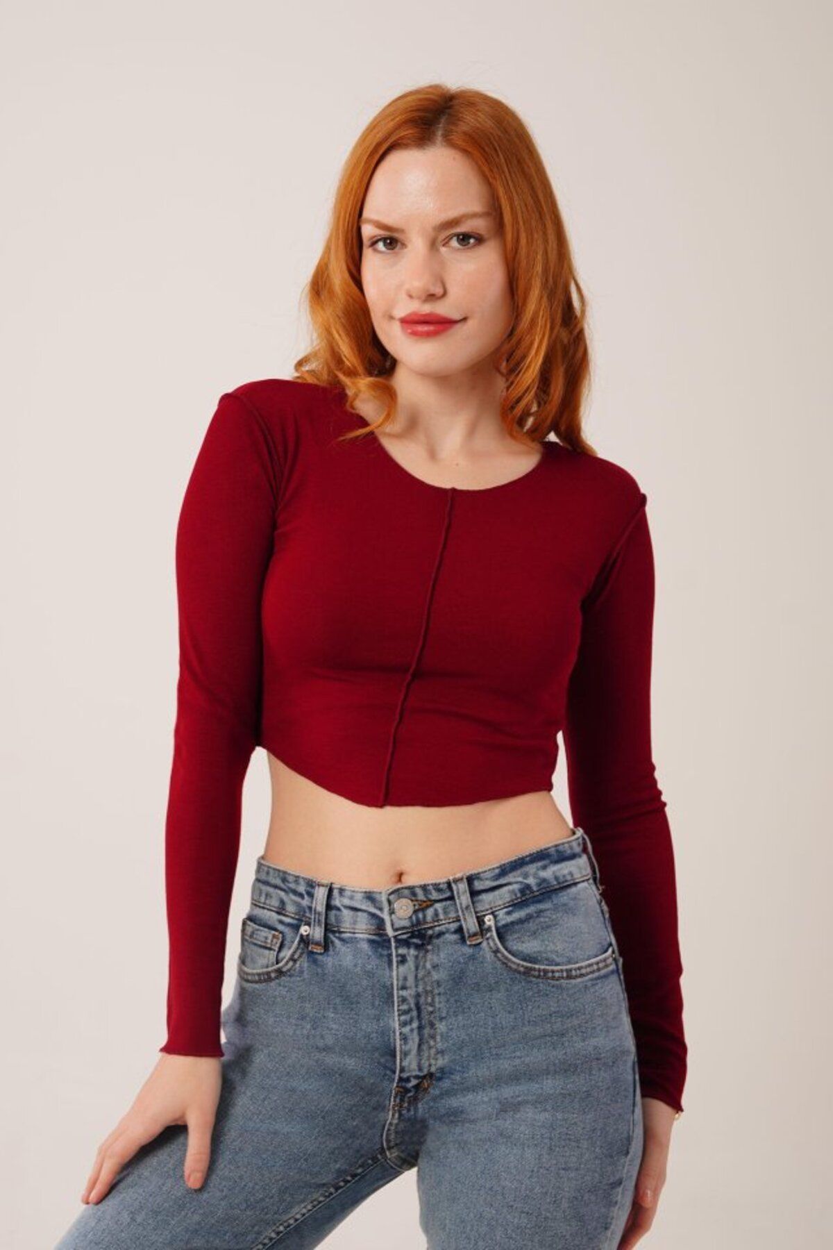 ZenWave Ters Dikişli Basic Bordo Body Bluz