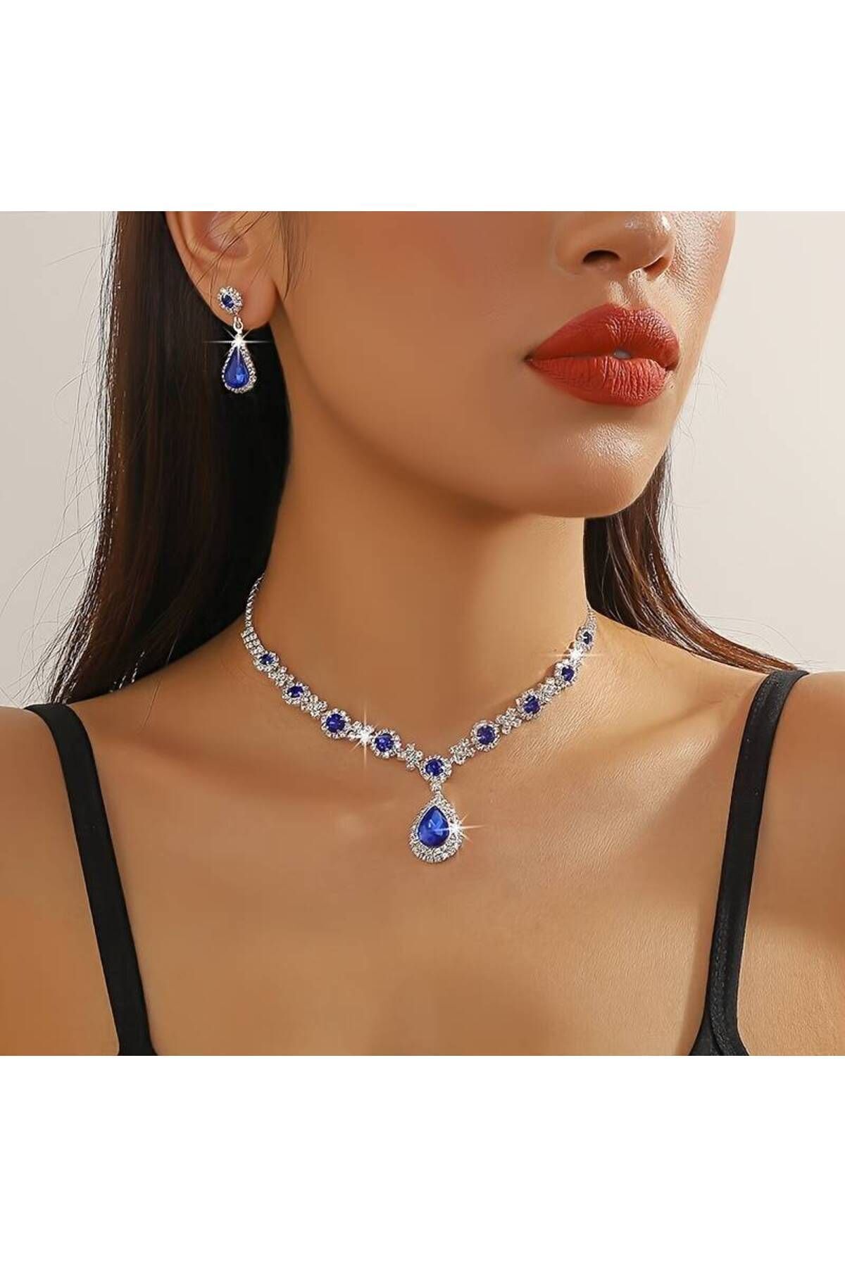 Estilo Lingerie Mavi Kristal Taşlı Kolye Ve Küpe Seti Özel Günler Seti Düğün Seti Nişan Abiye Seti Gelin Takısı