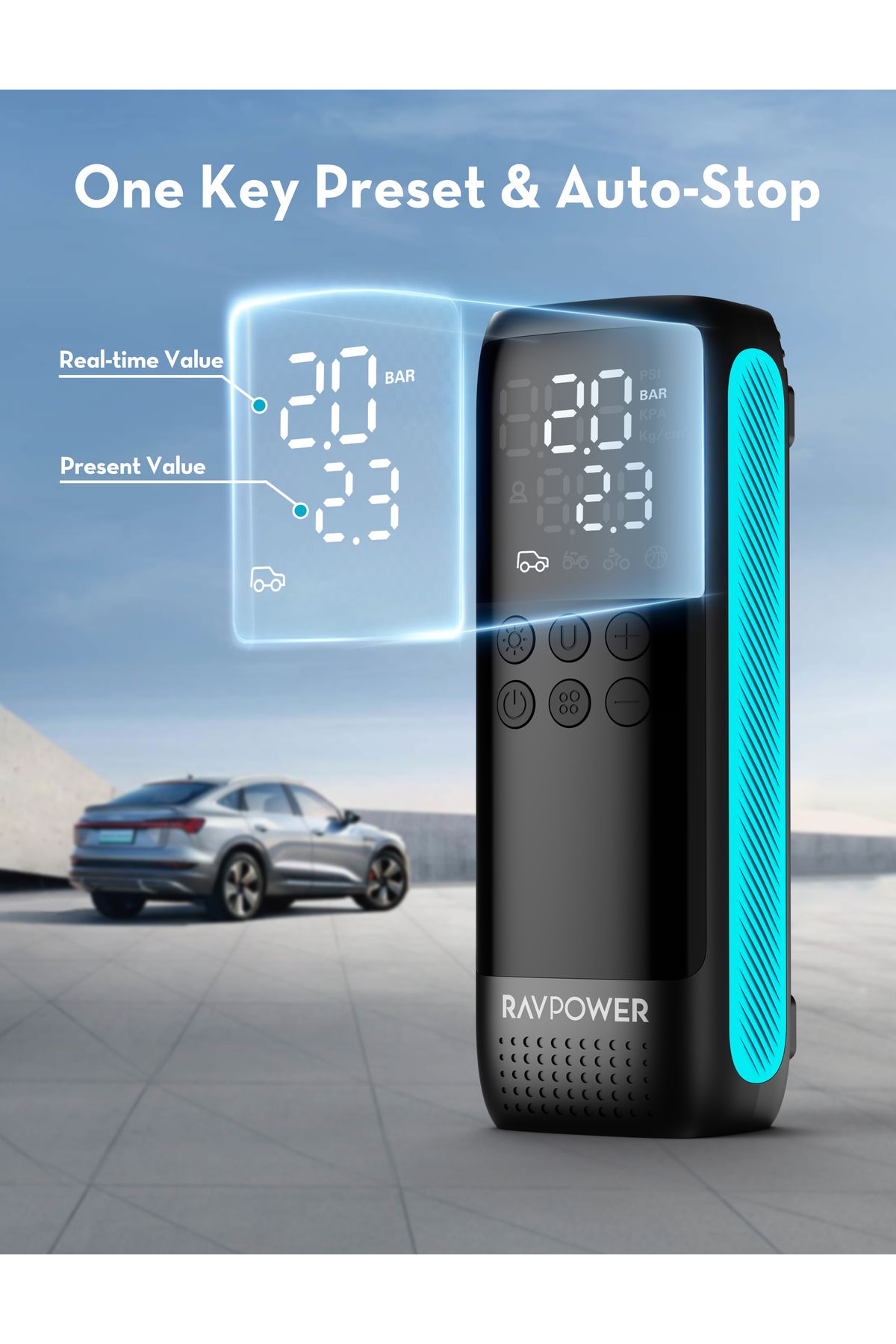 RavPower-Ravbower Tire Inflator – Without Battery-, Car Lighter-Powered with 45L/Min Power + LED Flashlight- 6