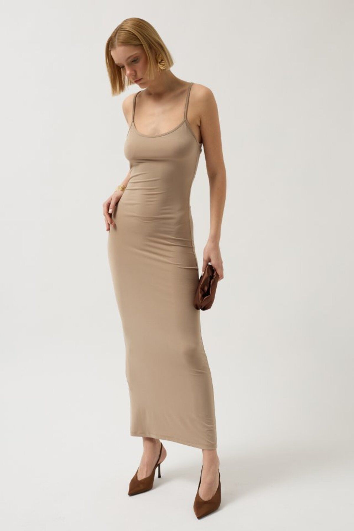Gökyüzü Moda İnce Askılı Maxi Elbise