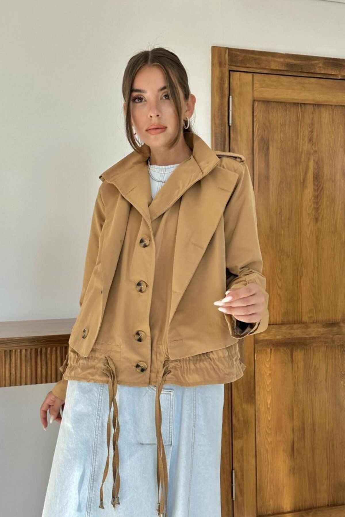 velmorafashion Camel Çift Katlı Kısa Ceket
