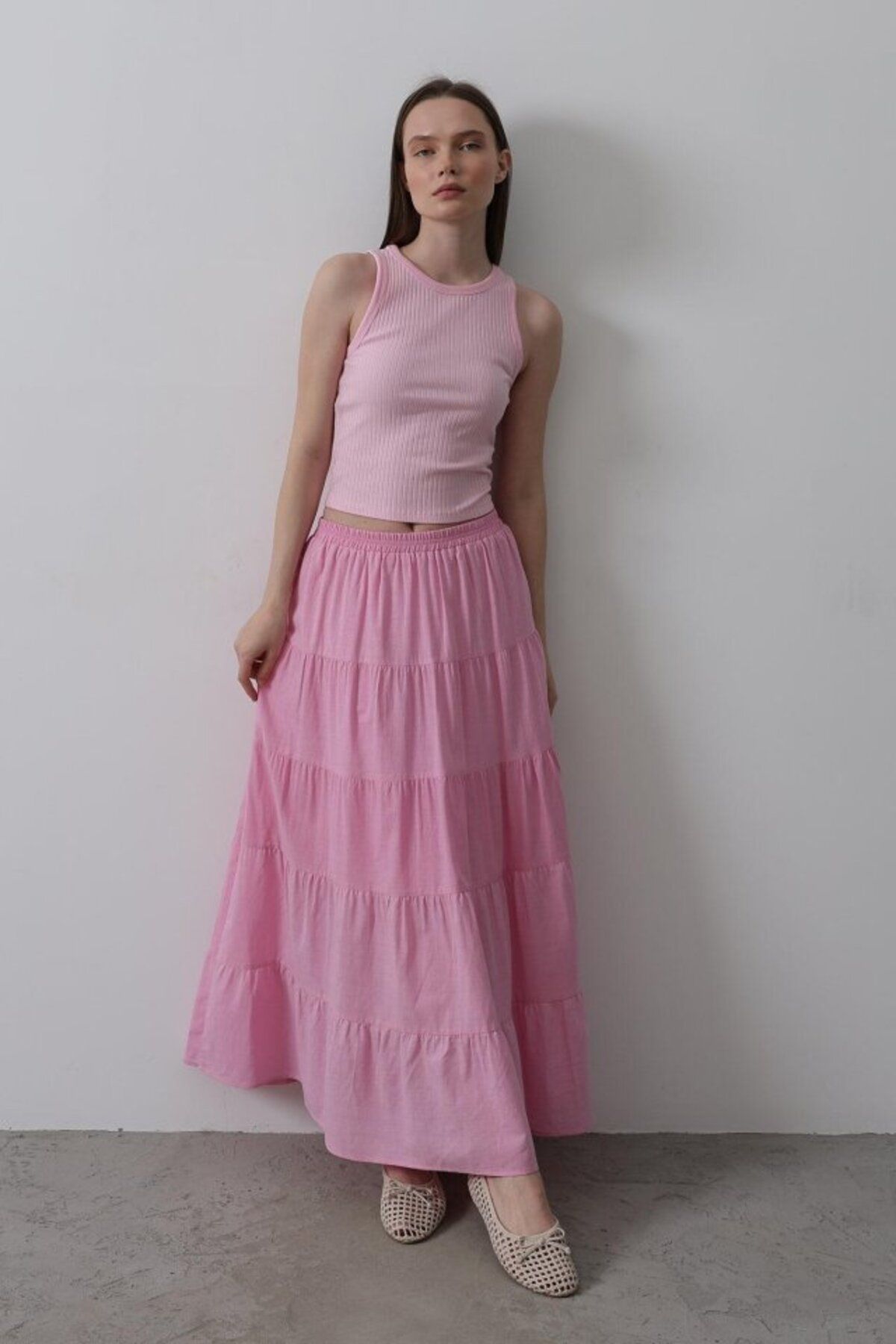 moda wanilia KAT KAT KETEN ETEK - Şeker Pembe