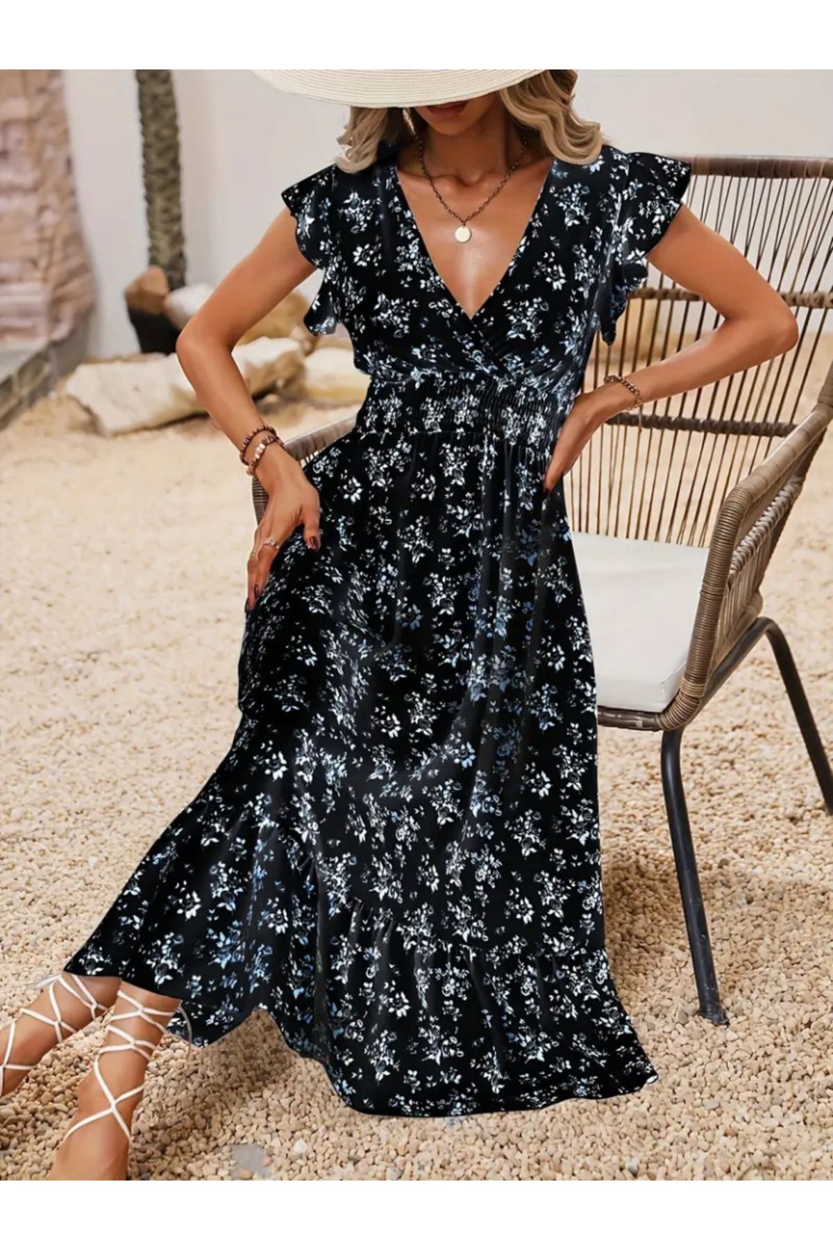 Deridün Yıldız Shoes Kadın Kısa Kollu Kruvaze Yakalı Beli Lastikli çiçek Desenli Elbise