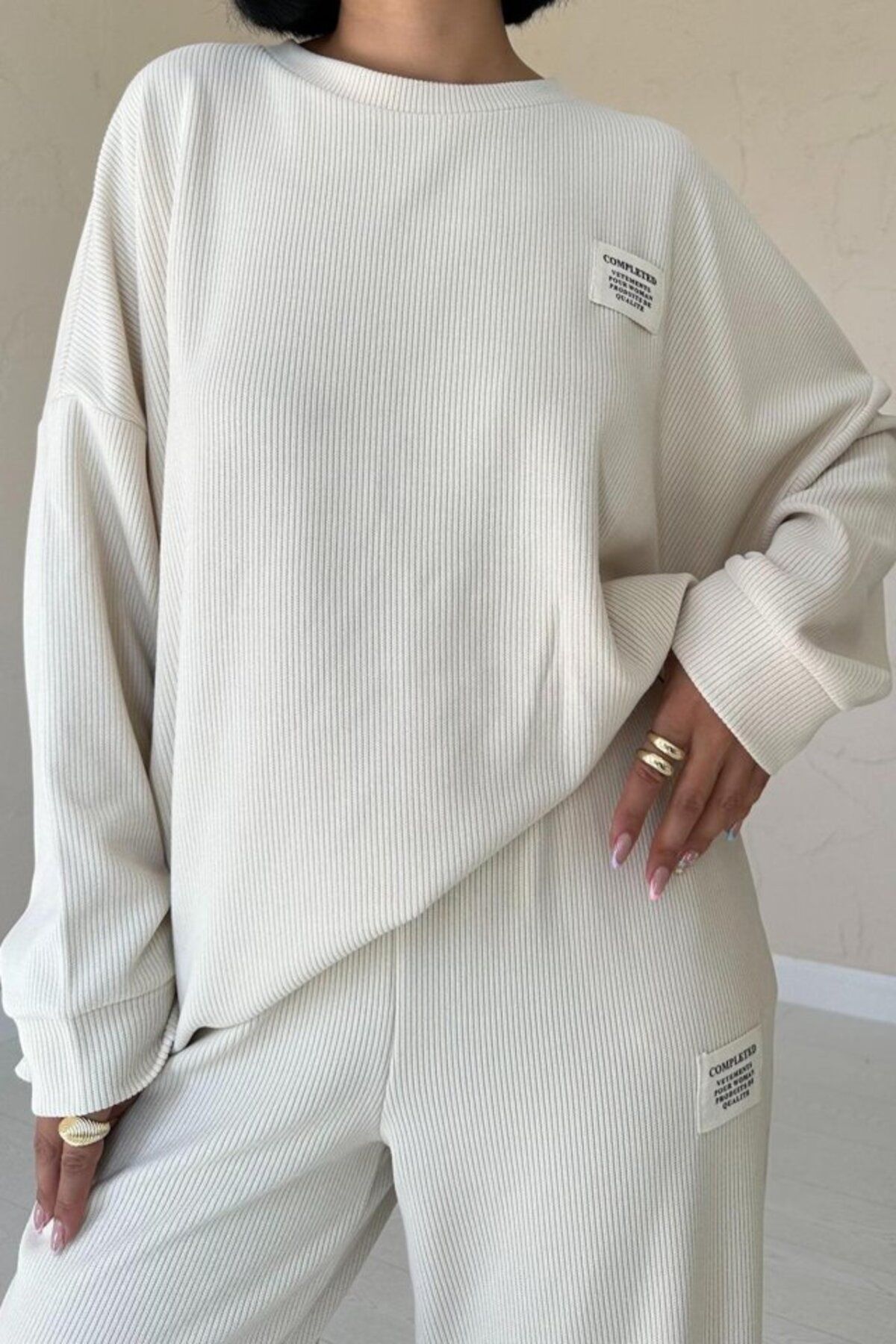 MRA Fashion Bej Klasik Fitilli Kazak Ve Pantolon Takım