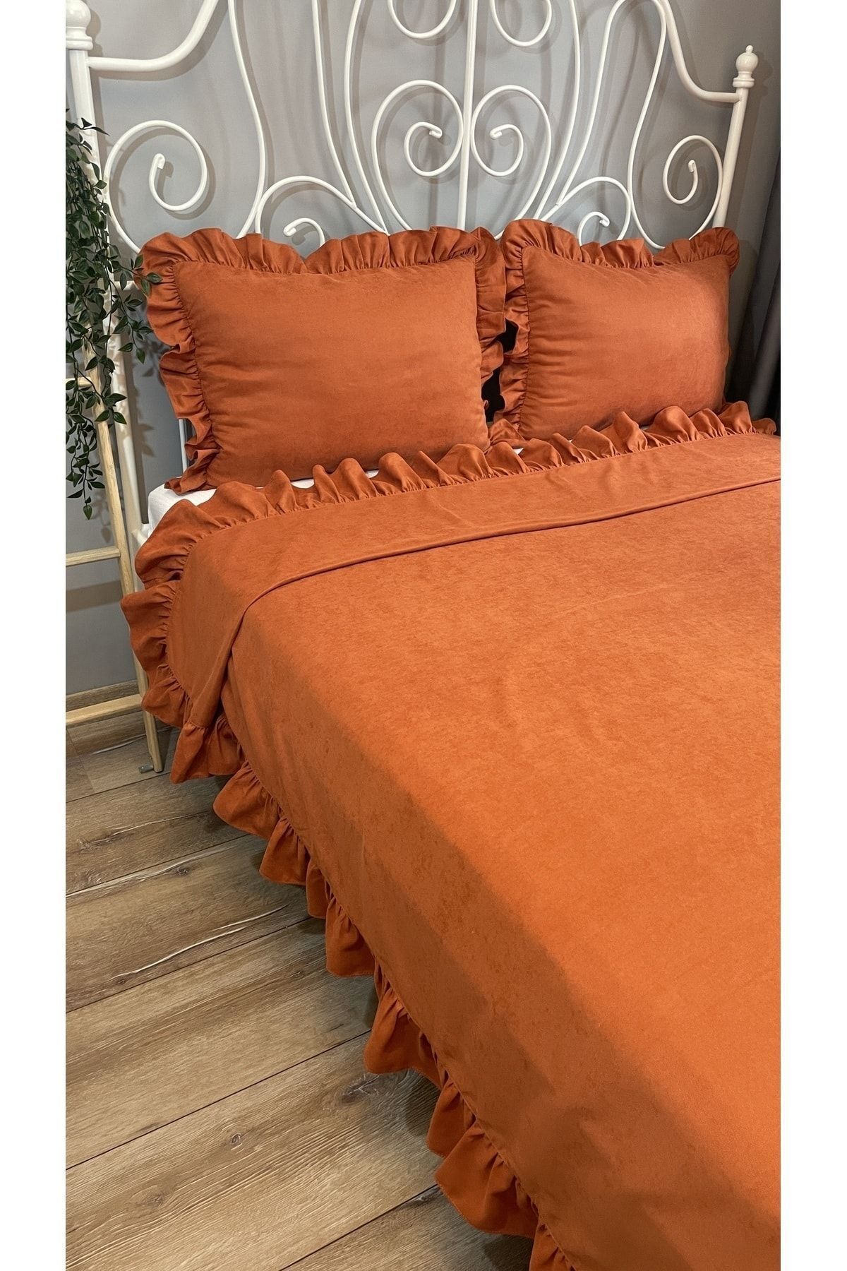 Decamor home-Tile Cinnamon Color Ruffle Bedspread Set Double 3