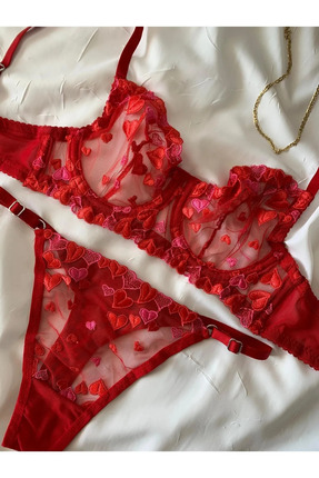 Shy Lola Lingerie Kırmızı Kalpli Bralet Sütyen Takımı Kapsız Balenli Ayarlana...