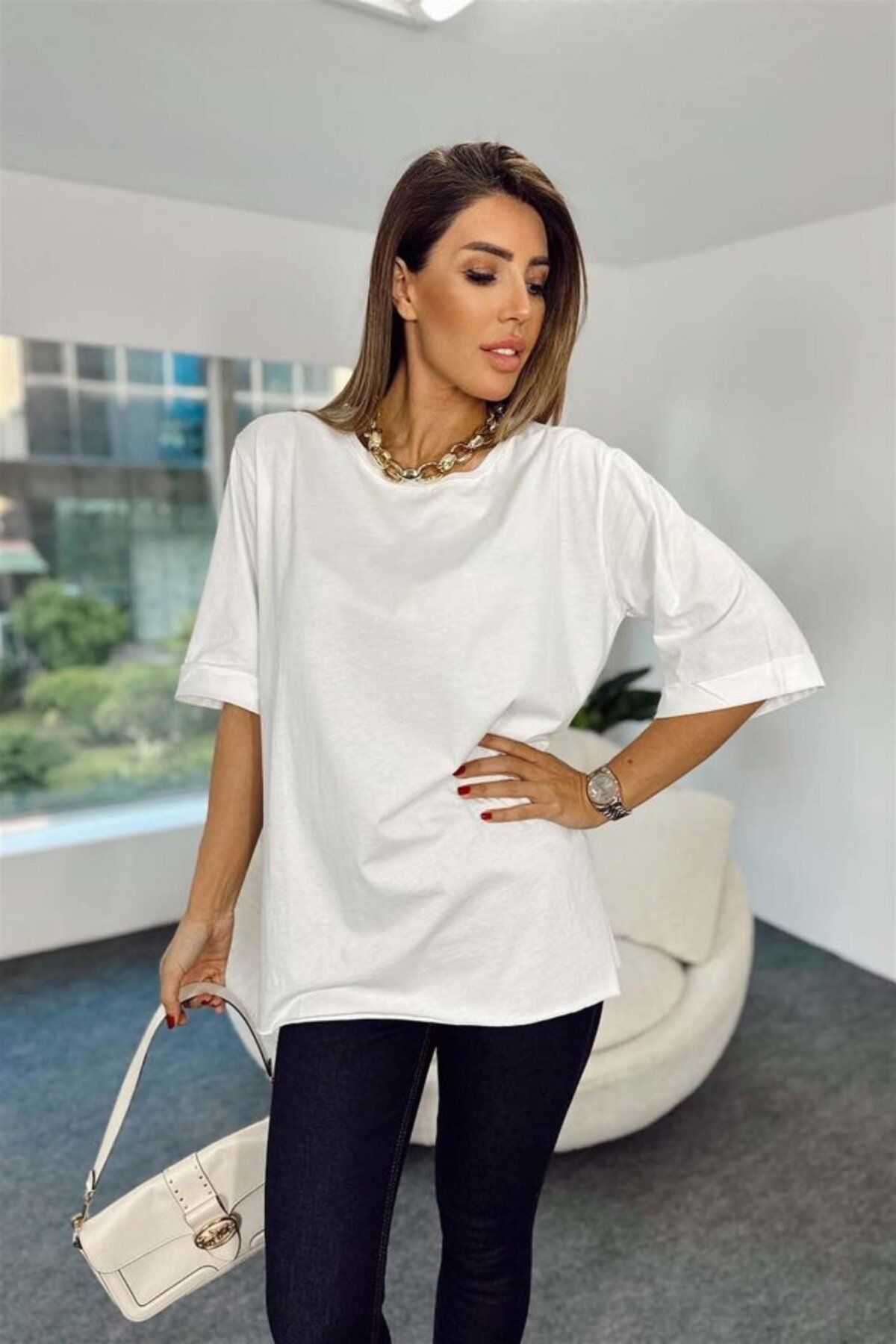 novafems 4123 Yırtmaçlı Oversize Tişört - Beyaz
