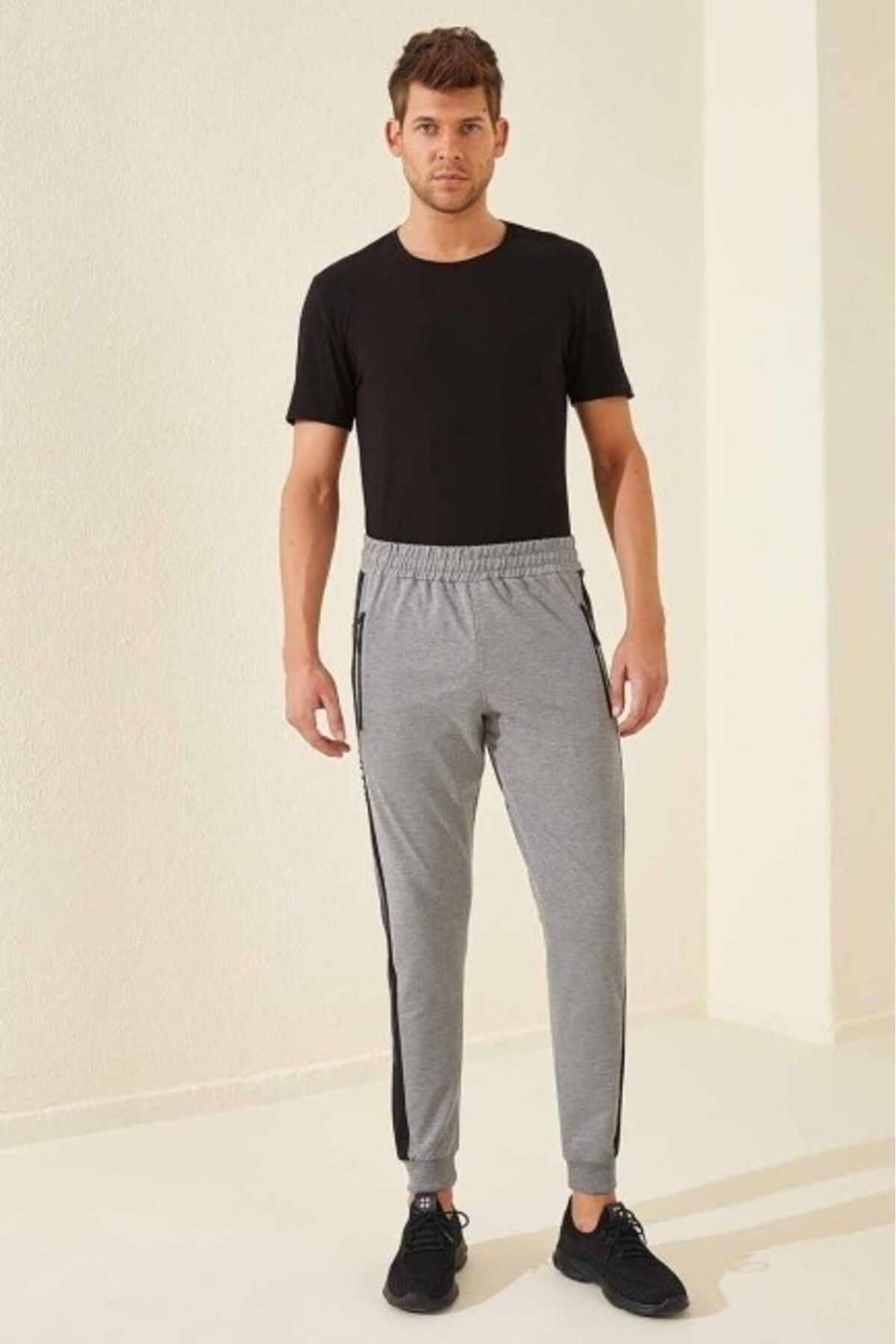 TOMMY LIFE-Ανδρικά παντελόνια JoggEr - Grey MElangE, ZippEr PockEt, PrintEd - 84657 5