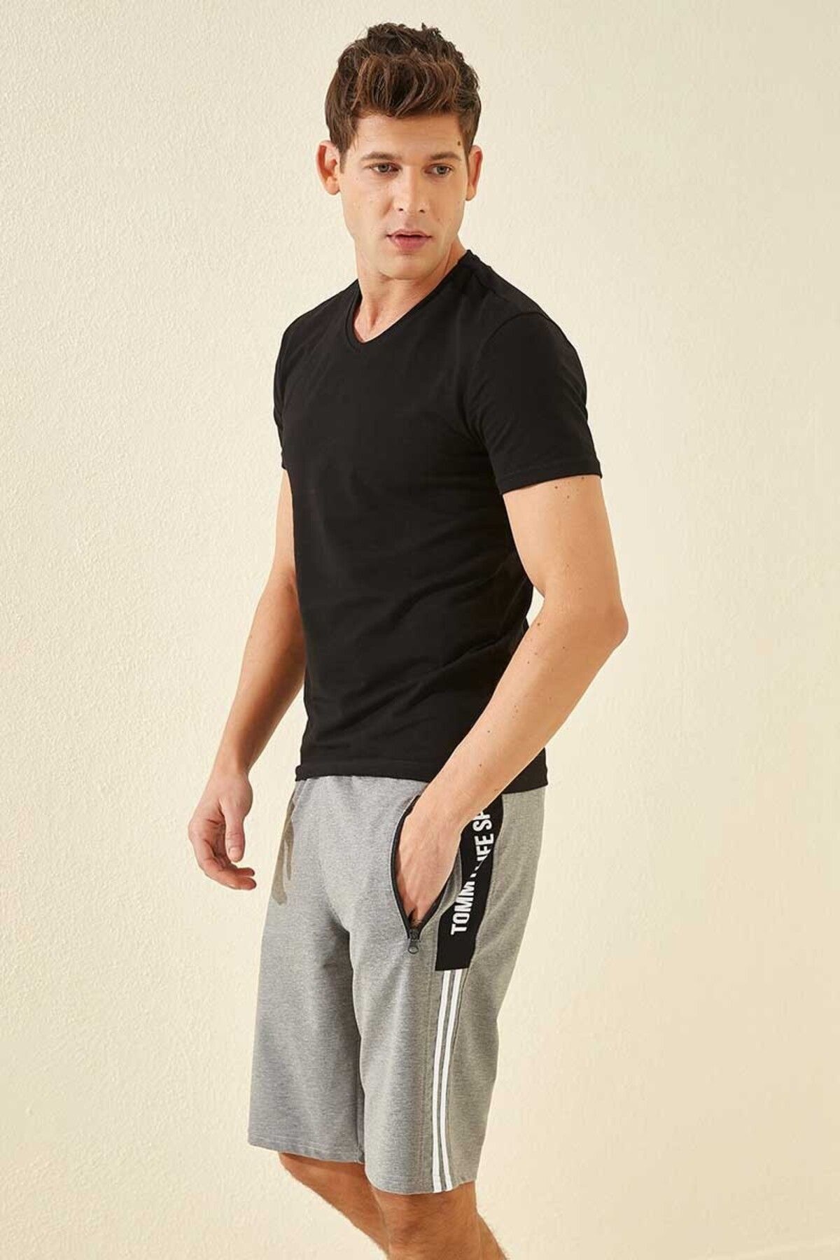 TOMMY LIFE-Pantaloni scurți cu imprimeu gri Melange pentru bărbați - Dungă laterală, potrivire standard - 81145 2