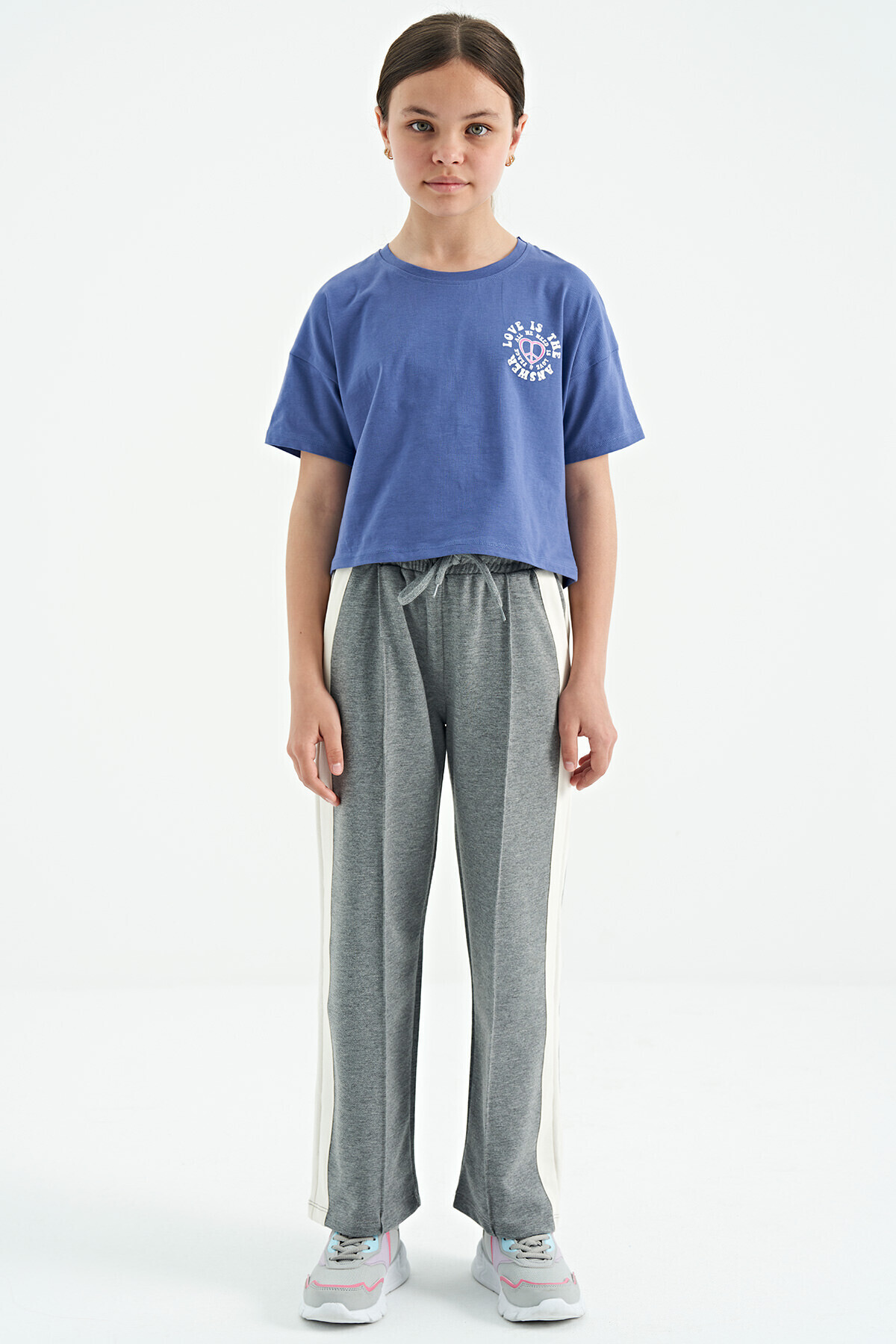 TOMMY LIFE-Gray Melange Girl's Sweatpants with Wide Leg and Side Band Detail - Comfortable Fit with Laces - 75119 6