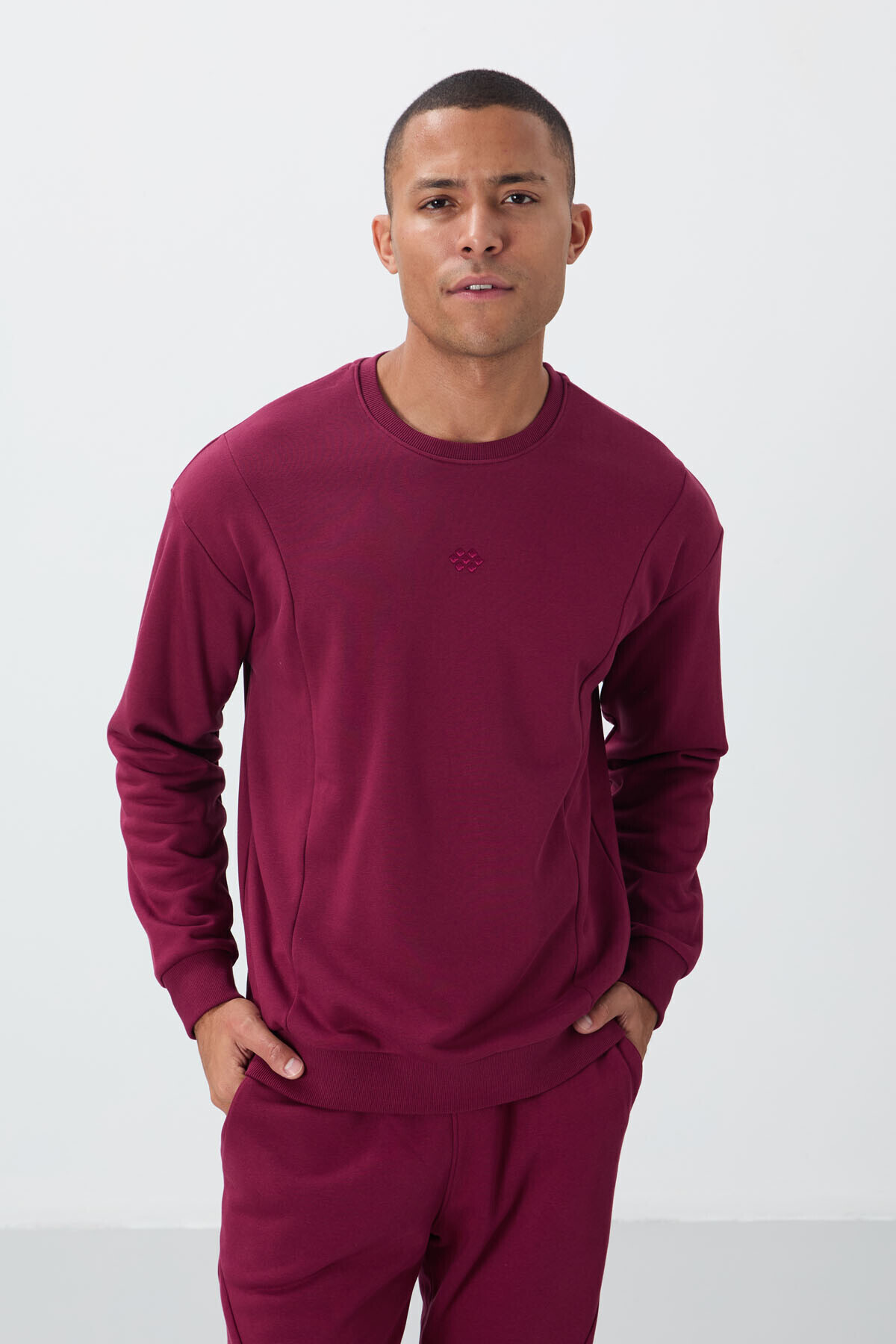 TOMMY LIFE-Ανδρική φόρμα αθλητικής φόρμας Redbud Compact Cotton Thick Smooth Textured O Neck Comfort Fit -85263 3