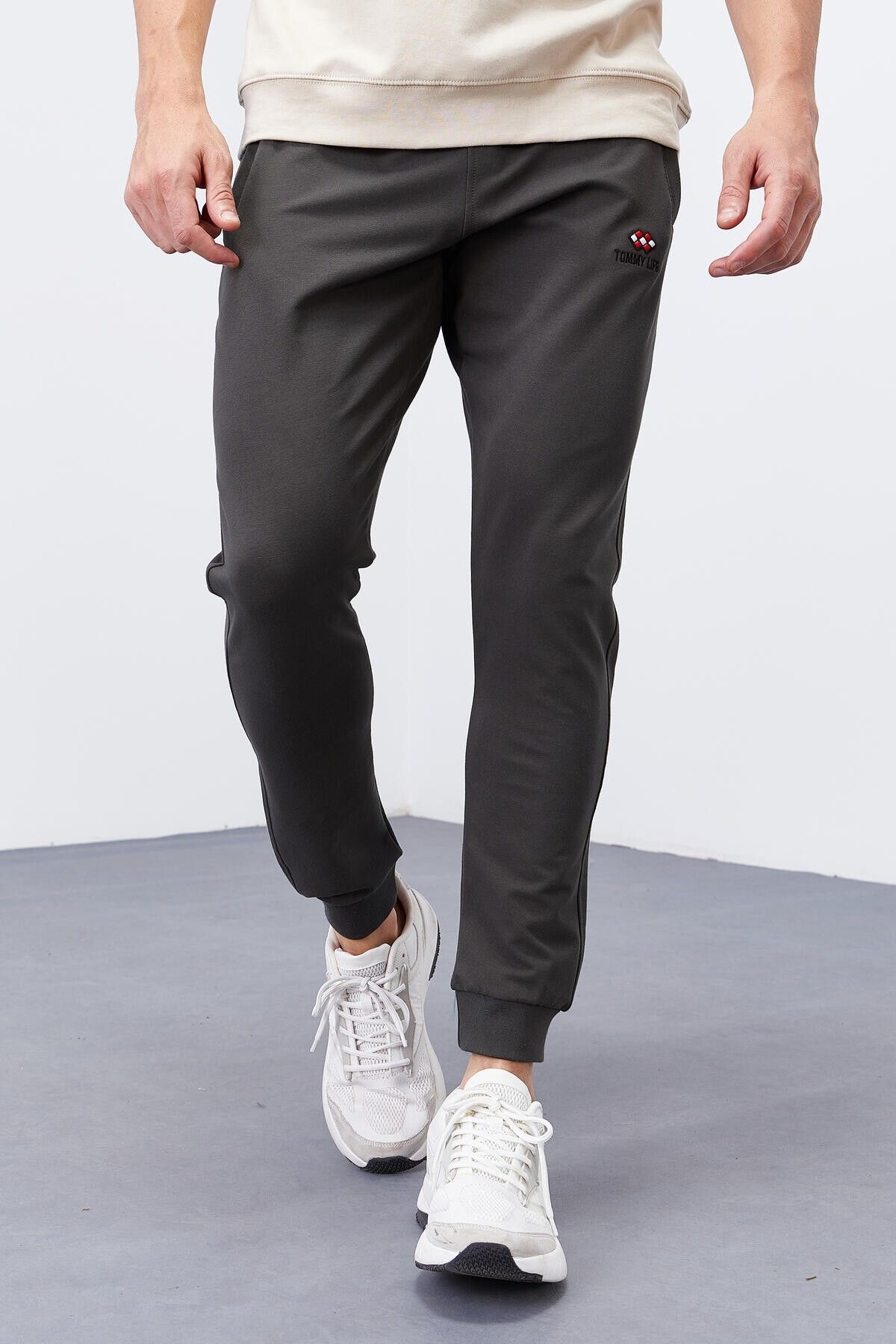 TOMMY LIFE-Khaki Zipper Pocketed Narrow Mold Jogger Men's Tracksuit Bottom - 84343 2