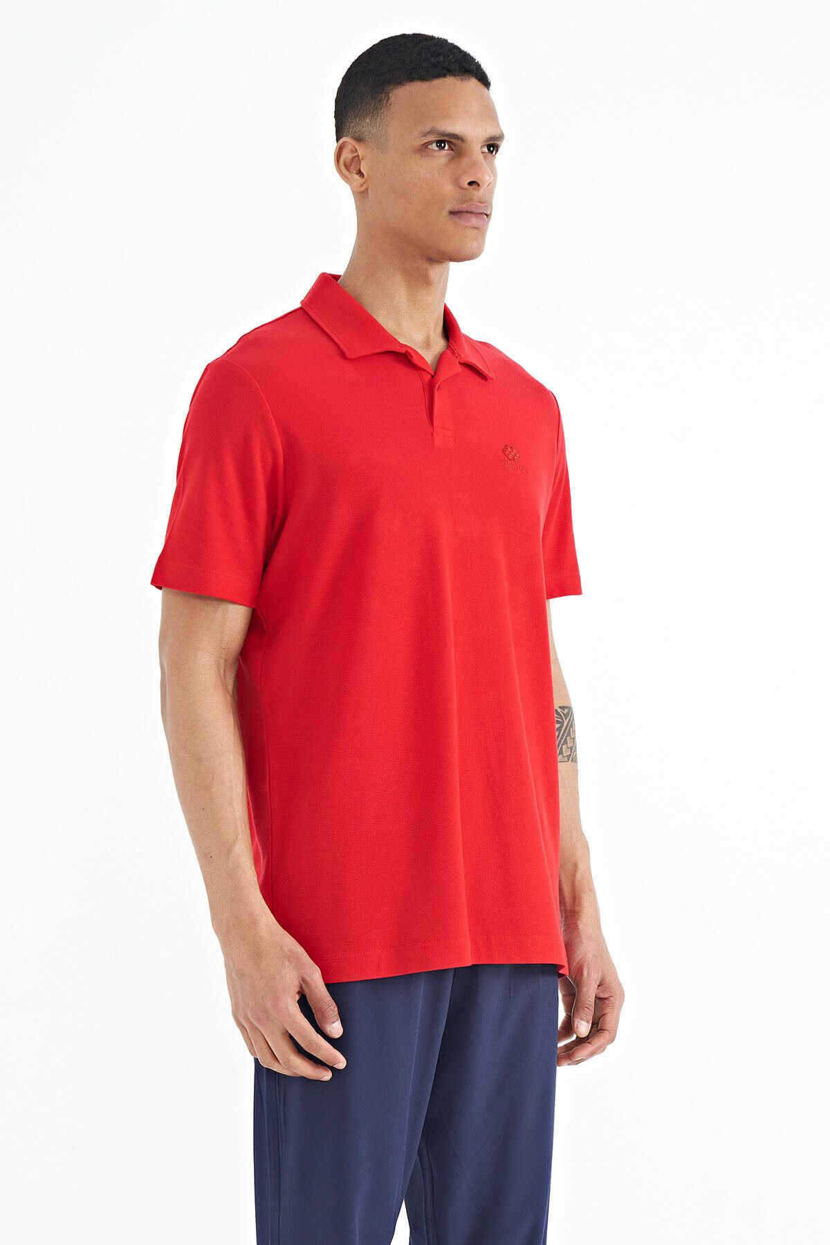 TOMMY LIFE-Red Polo Neck Logo Embroidered Standard Form Men's T-shirt - 88237 4
