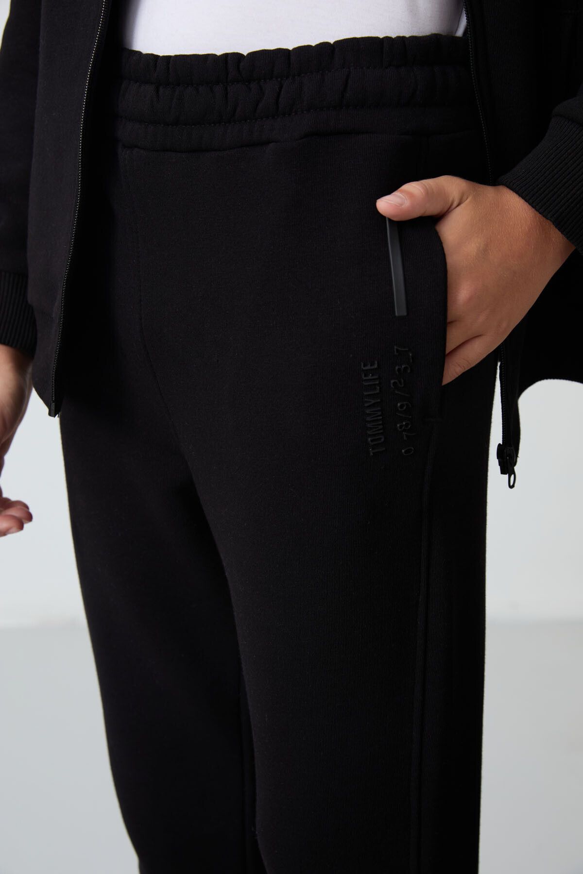 TOMMY LIFE-Boy's Tracksuit Set - Black Cotton, Thick Fur Inside, Soft Textured Embroidery - 11240 6