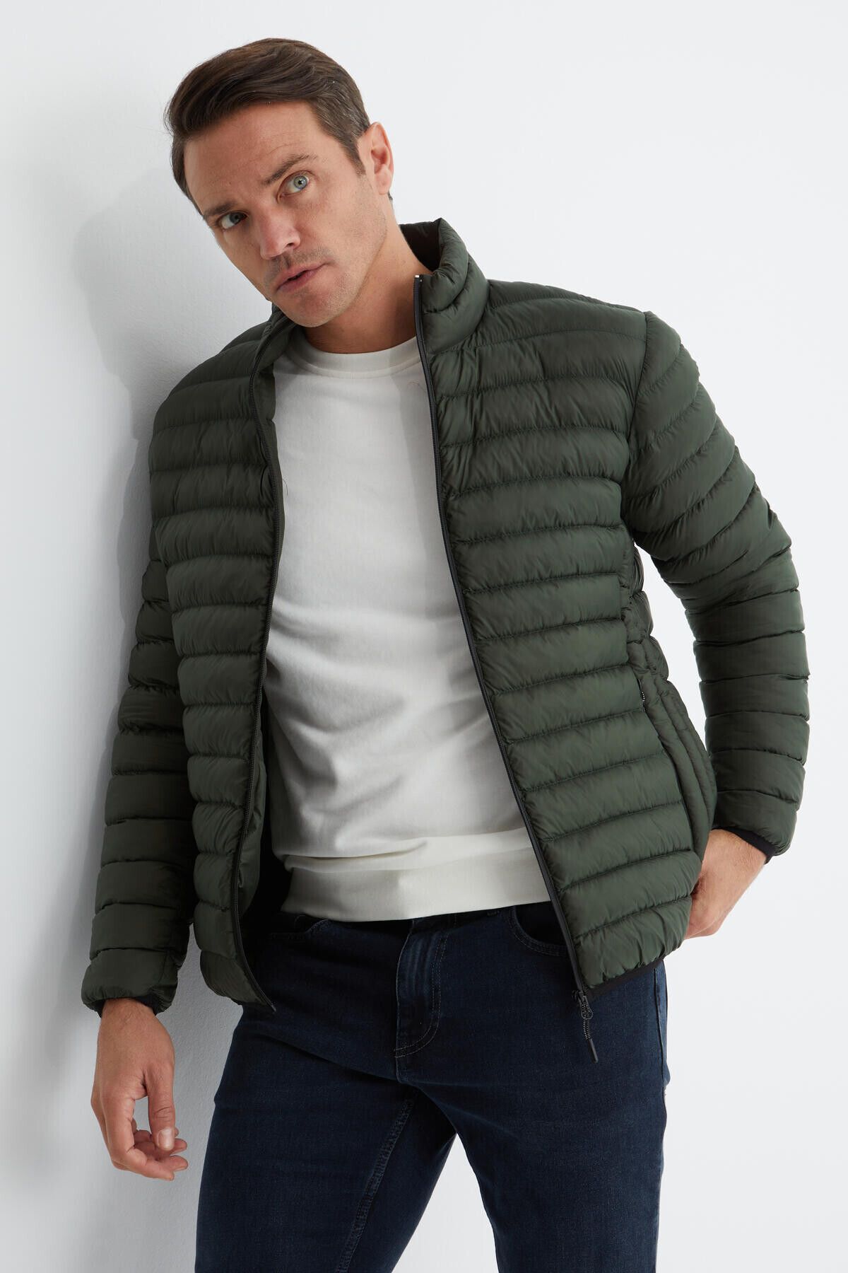 TOMMY LIFE-Khaki Zippered Standard Fit Cold Resistant Men's Puffer Coat - 88166 5