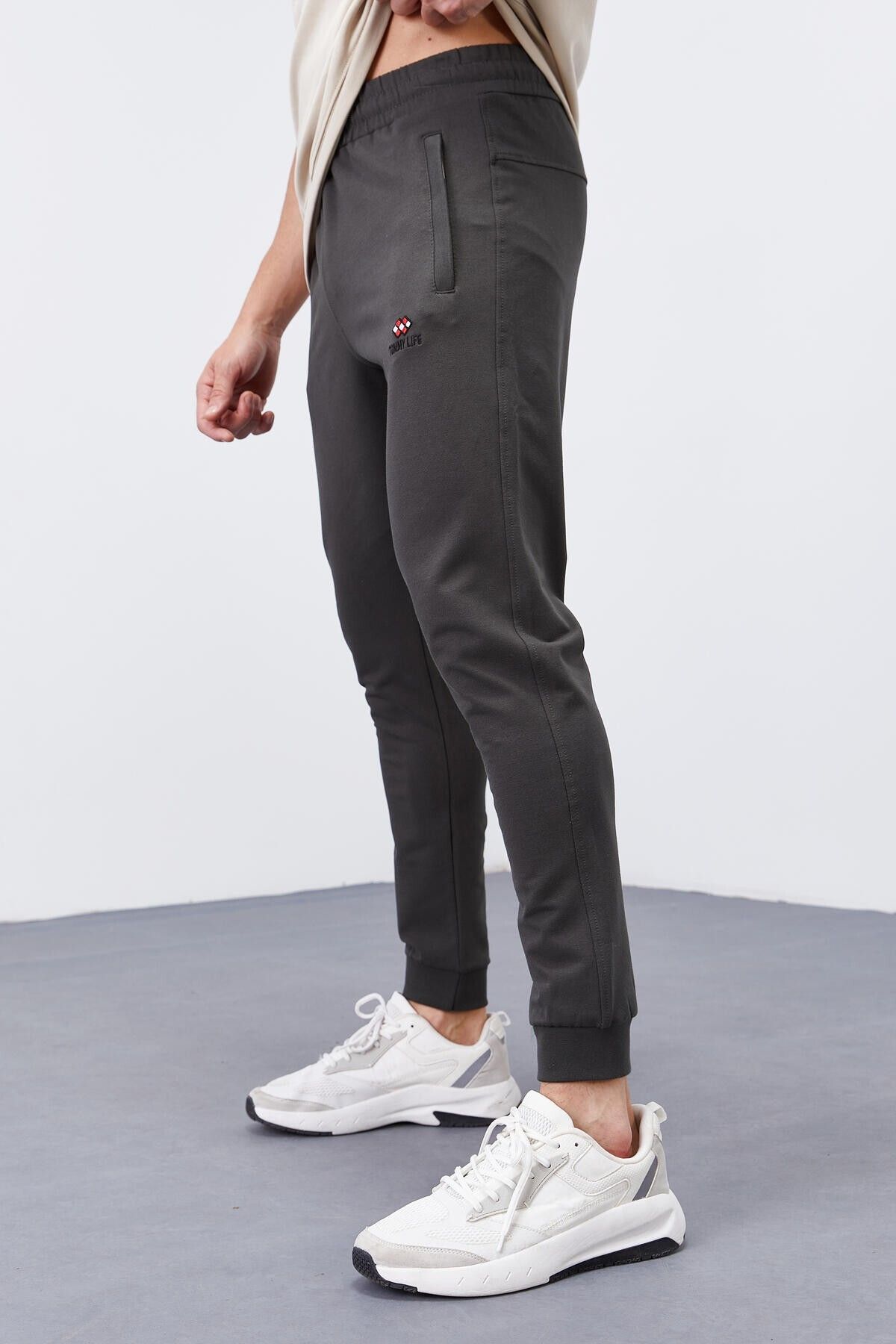 TOMMY LIFE-Khaki Zipper Pocketed Narrow Mold Jogger Men's Tracksuit Bottom - 84343 3