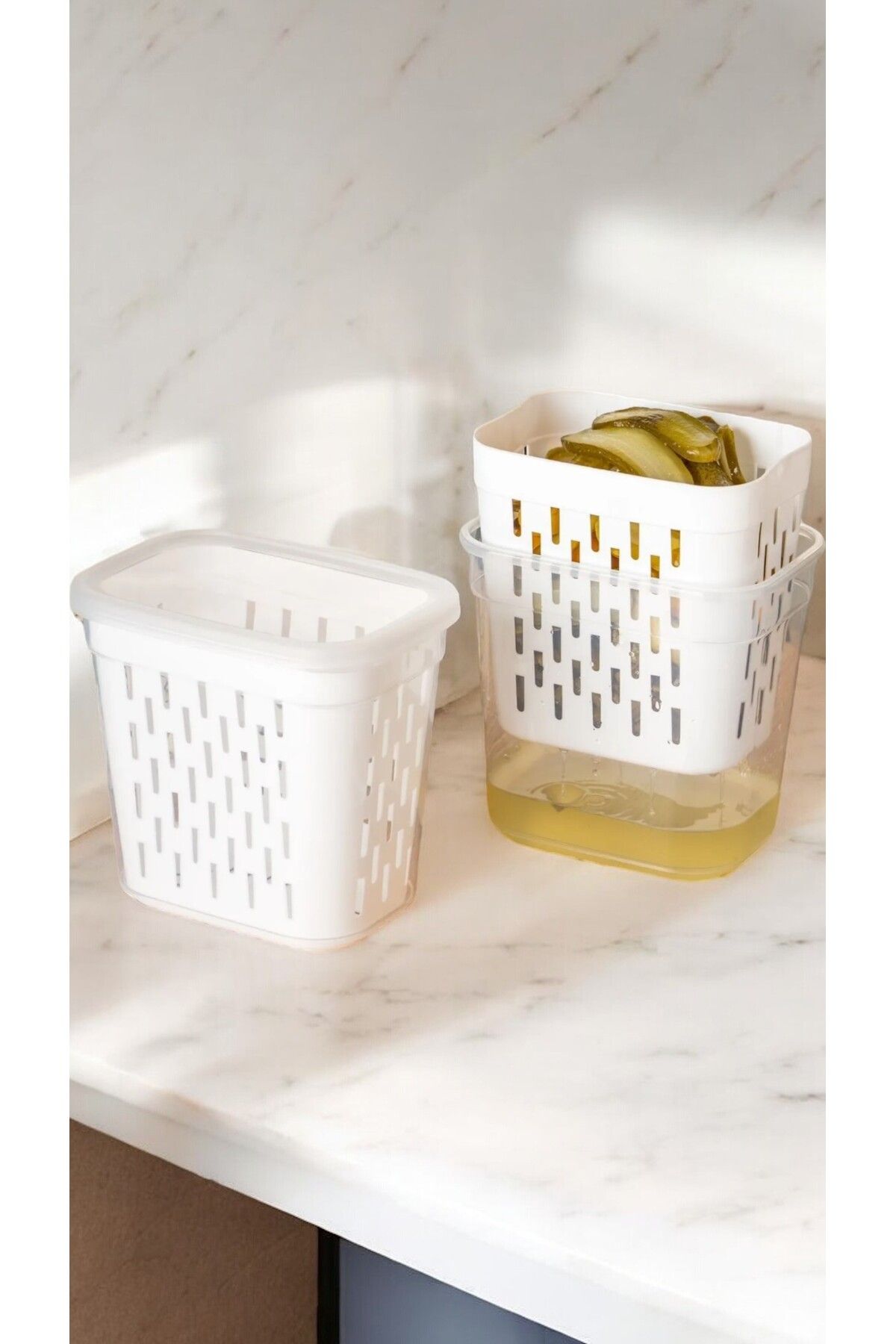 Buclee-Set of 2 Rectangular Storage Containers with Drainer - Pickle Holder, Olive Holder, Multi-Purpose (2 X 2Lt) 3