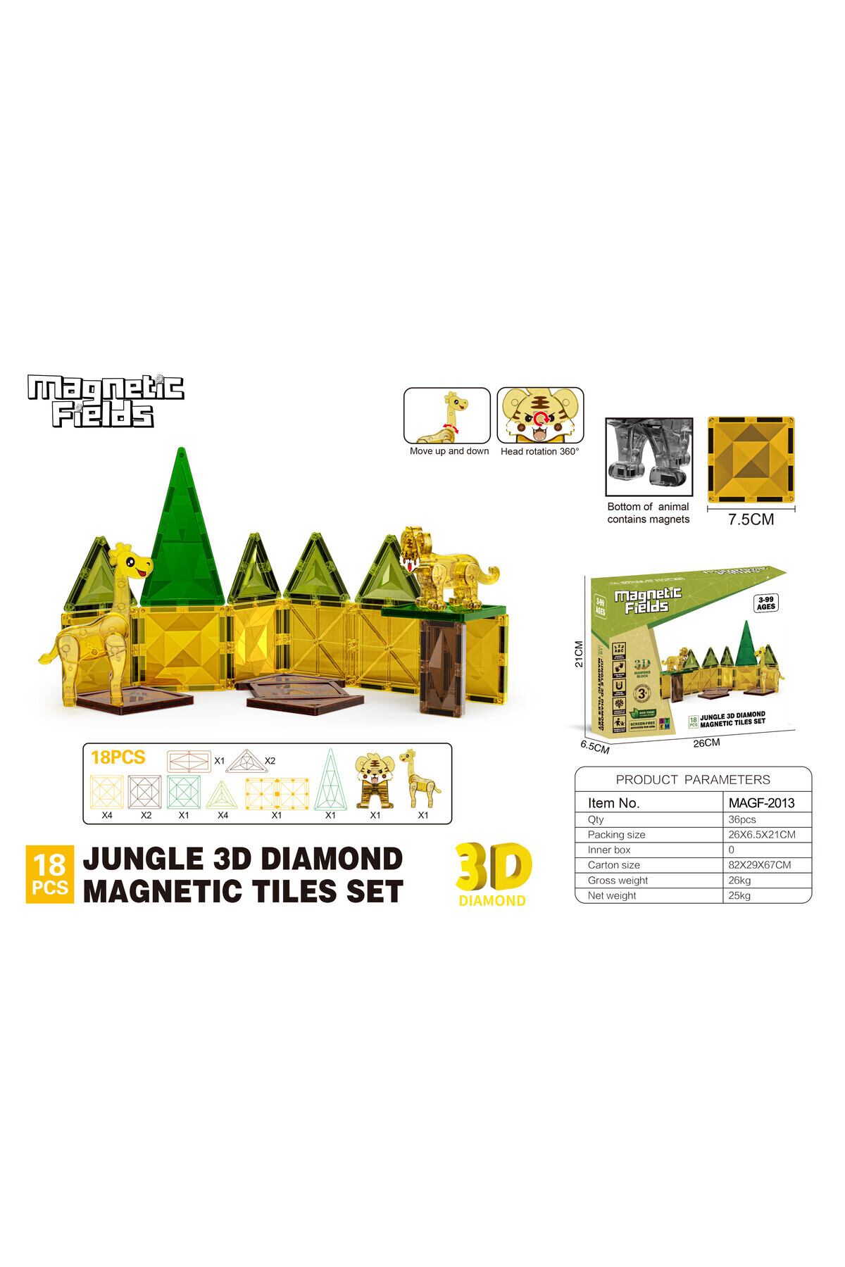 مجموعه کاشی‌های مغناطیسی الماسه جنگل سه‌بعدی – ۱۸ تکه