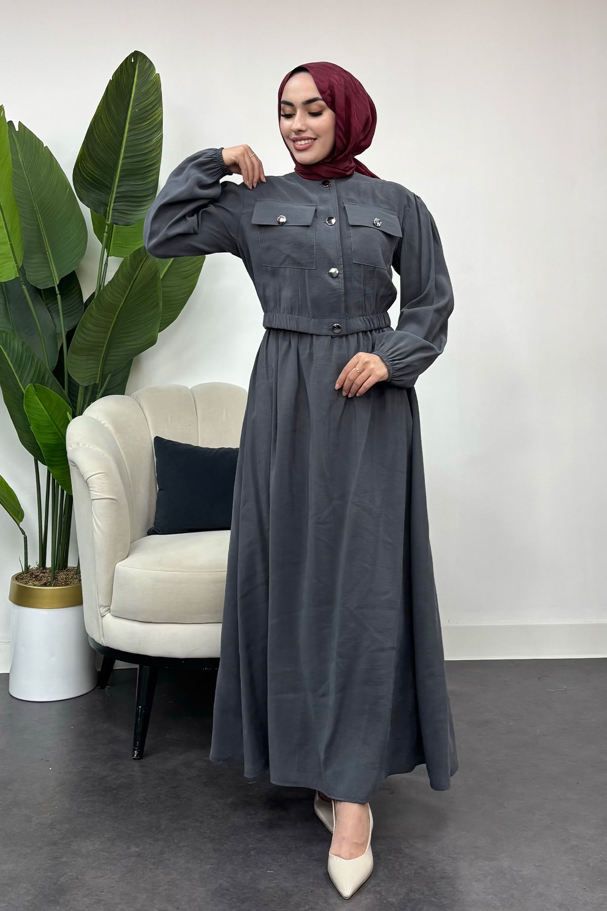 Tesettür Diyarı-Women's Button Detailed Two-Piece Suit - Anthracite 2