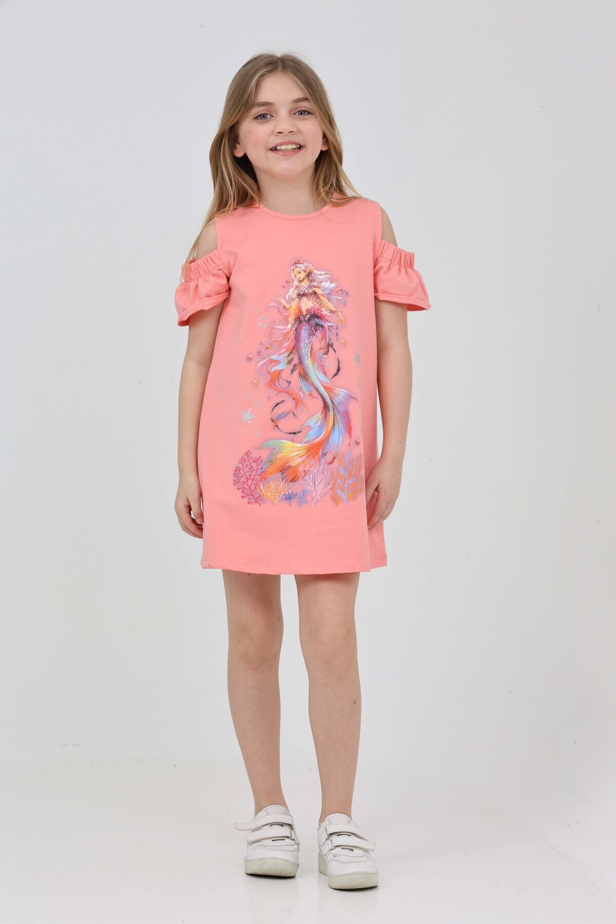 LupiaKids-Mermaid Printed Girl's Dress - Pink Shoulder Detailed Summer Comfortable Dress 3