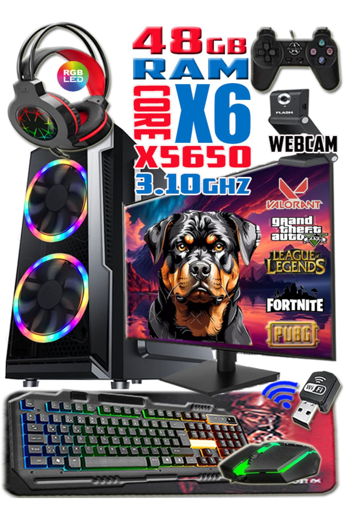 Rottweiler Xeon X5650 3.10ghz 48gb Ram 512gb Ssd R7 240-4gb E.kartı 22" Monitör Gaming Bilgisayar